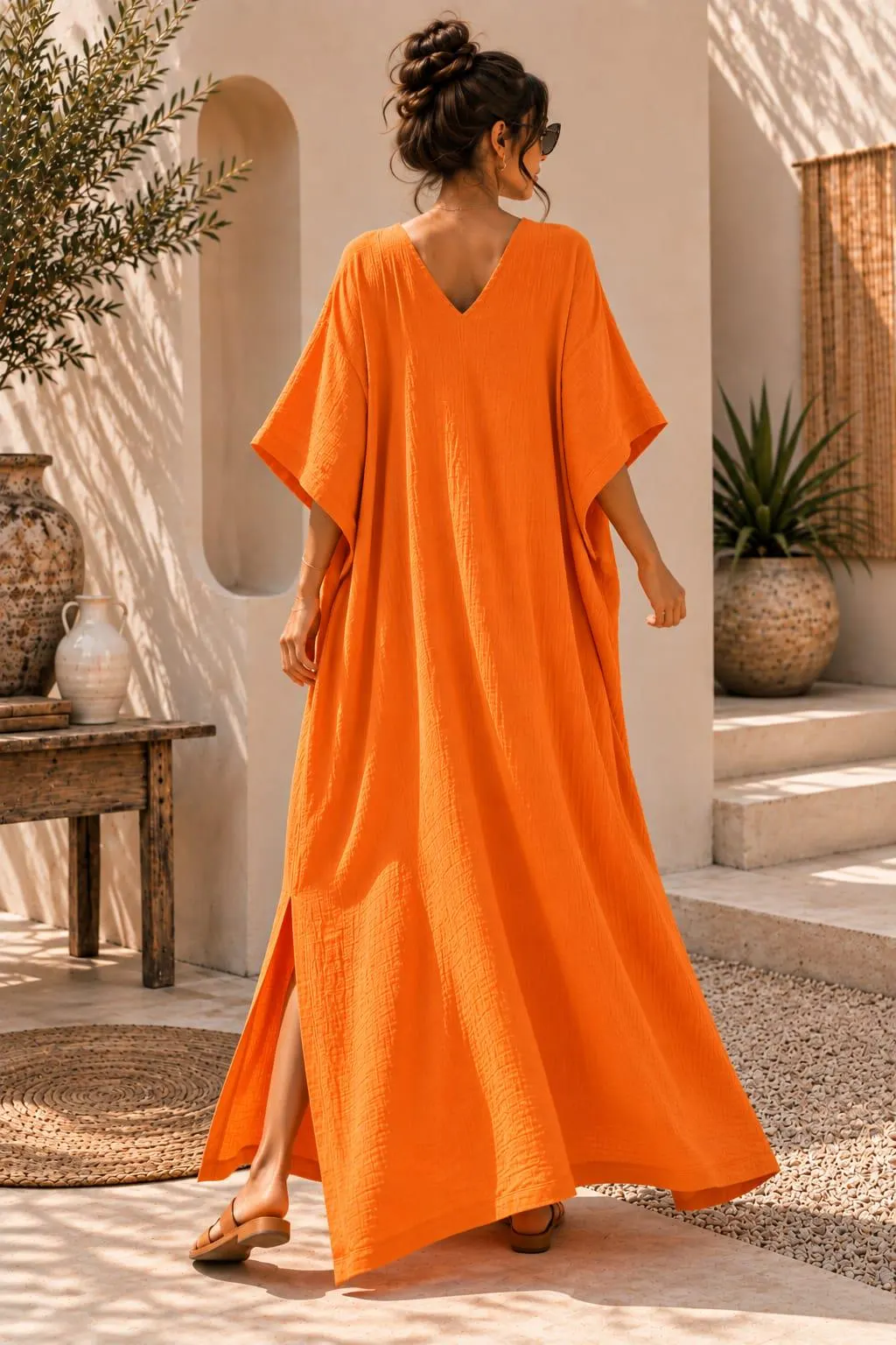 Flowy Orange Maxi Kaftan with Pockets - Double Gauze Cotton V Neck Dress - image 5
