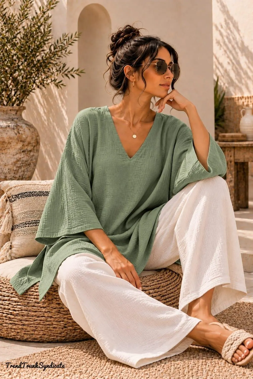 Sage Green Double Gauze Kaftan - Long Sleeve Hip Length Caftan - Comfortable Resort Top - image 3