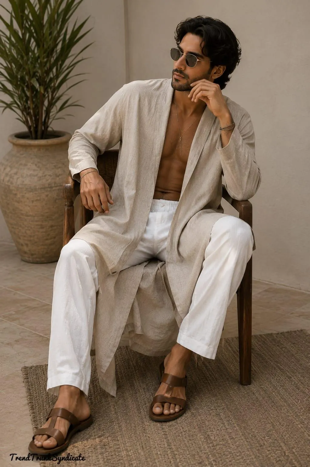 Men's 100% Linen Kaftan Robe - Open Front Long Sleeve - Resort Wear - Linen Pants Included - image 4