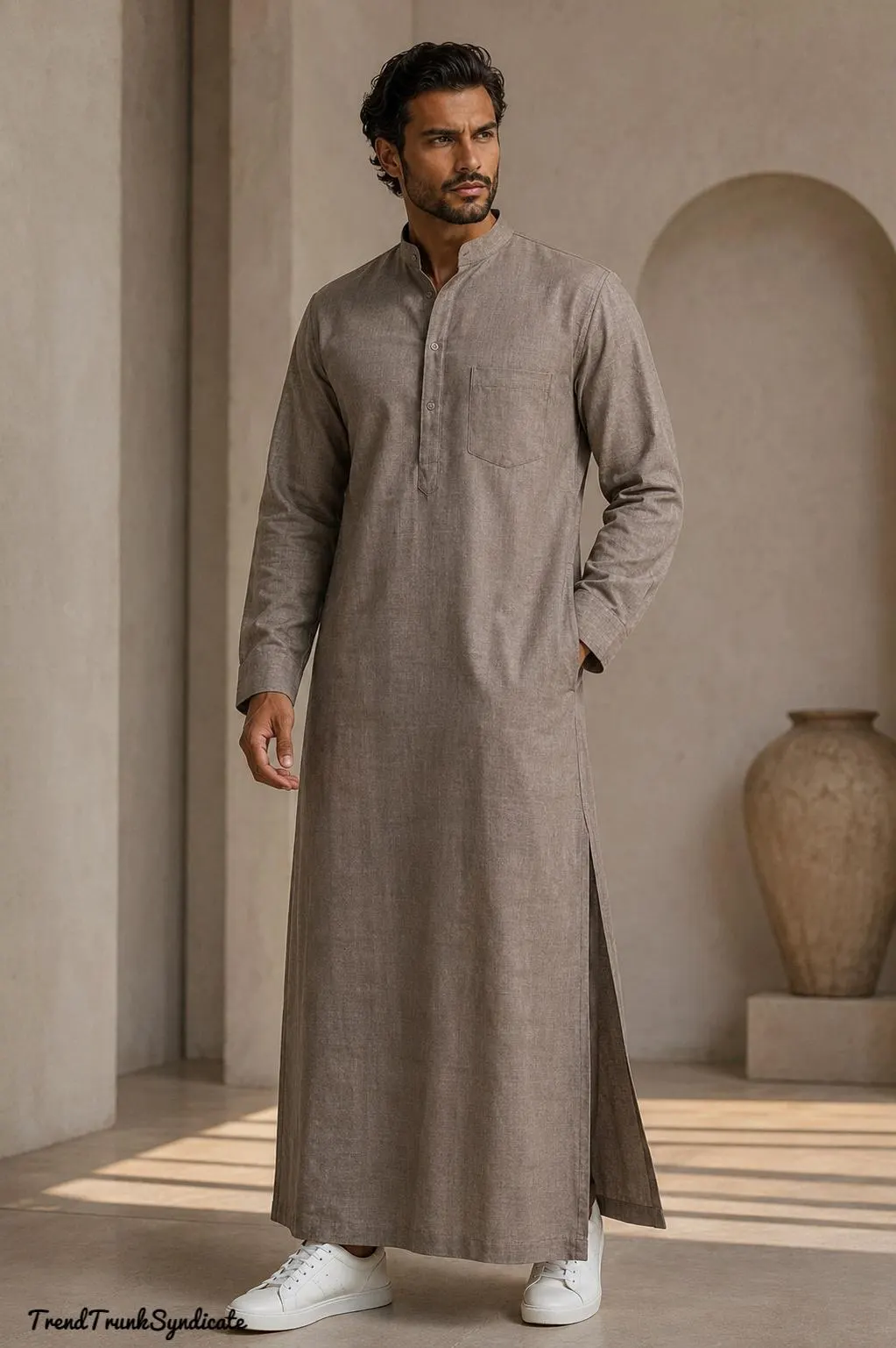 Men's Beige Linen Kaftan - Long Sleeve Robe Dress - Modern Kaftan for Man