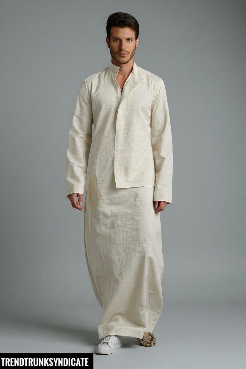Men's Beige Linen Kaftan - Long Sleeve Robe Dress - Modern Kaftan for Man - image 3