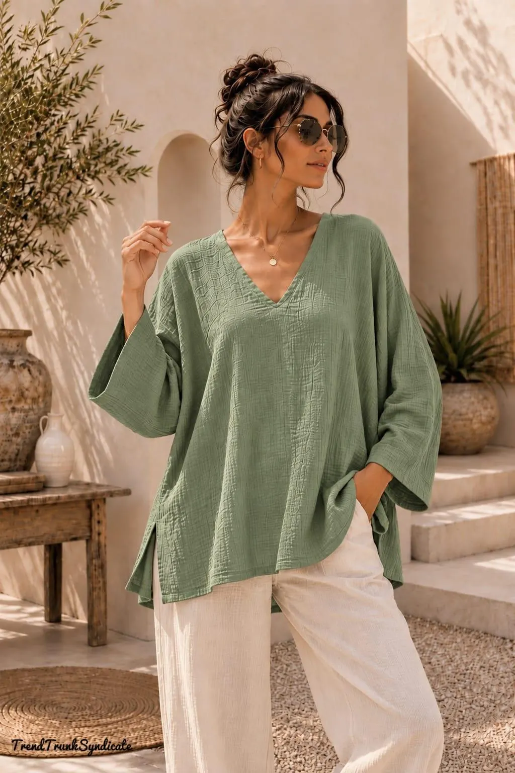 Sage Green Double Gauze Kaftan - Long Sleeve Hip Length Caftan - Comfortable Resort Top