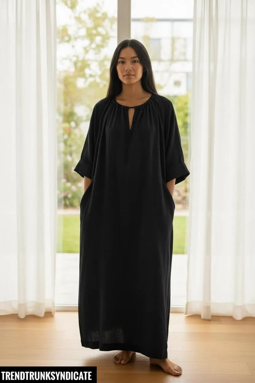 Long Sleeve Linen Dress Women – Floor Length Linen Maxi Gown, Handmade Black Caftan