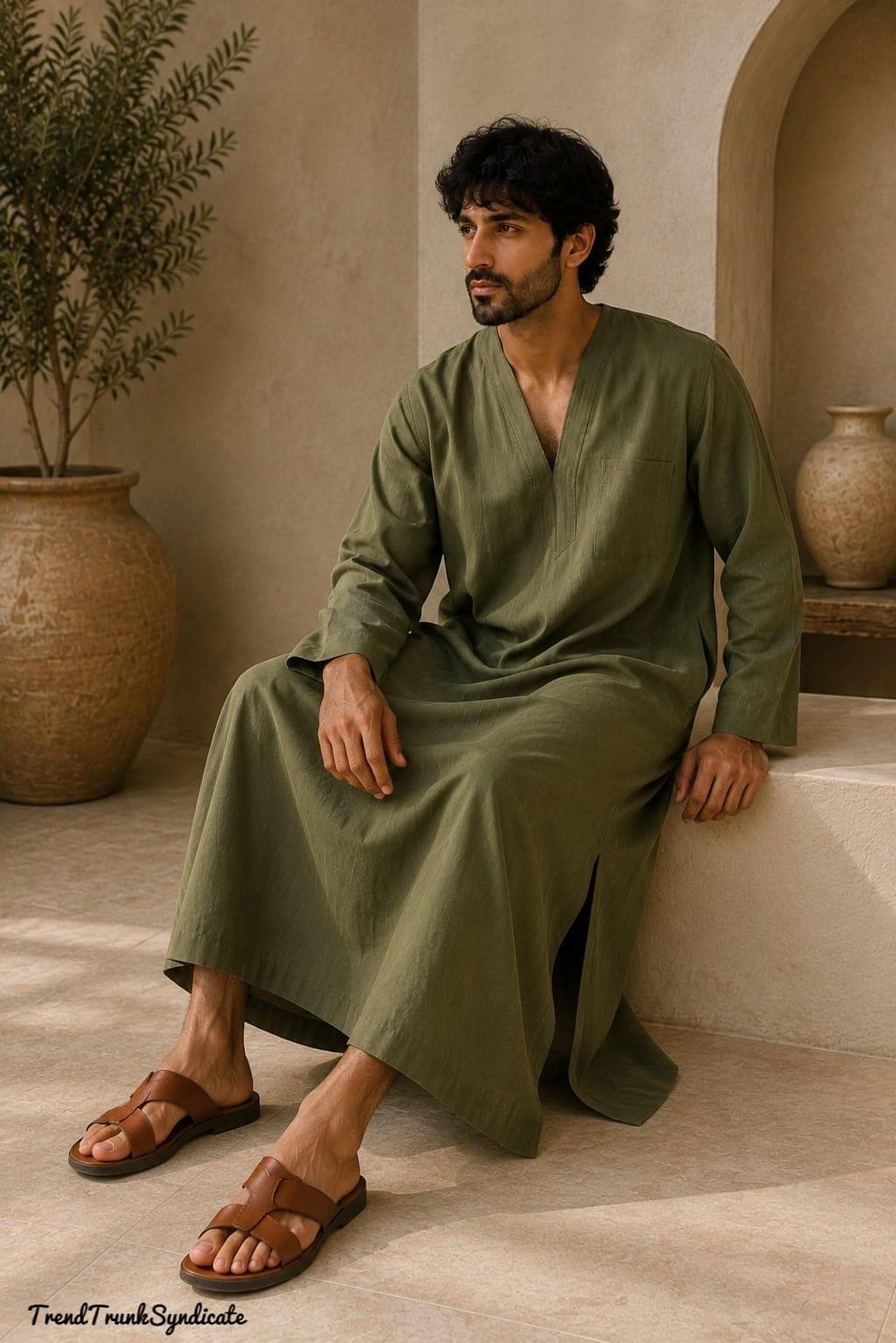Men's Olive Green Linen Caftan - Front Chest Pocket Kaftan - All Sizes & Colours Available - Comfort - image 3