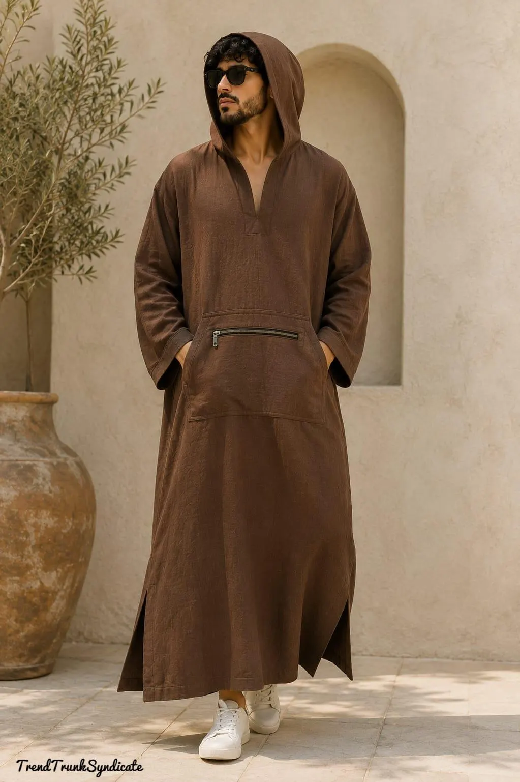 Mens Linen Hooded Kaftan Robe | Brown Handmade Linen Caftan with Zipper Kangaroo Pocket