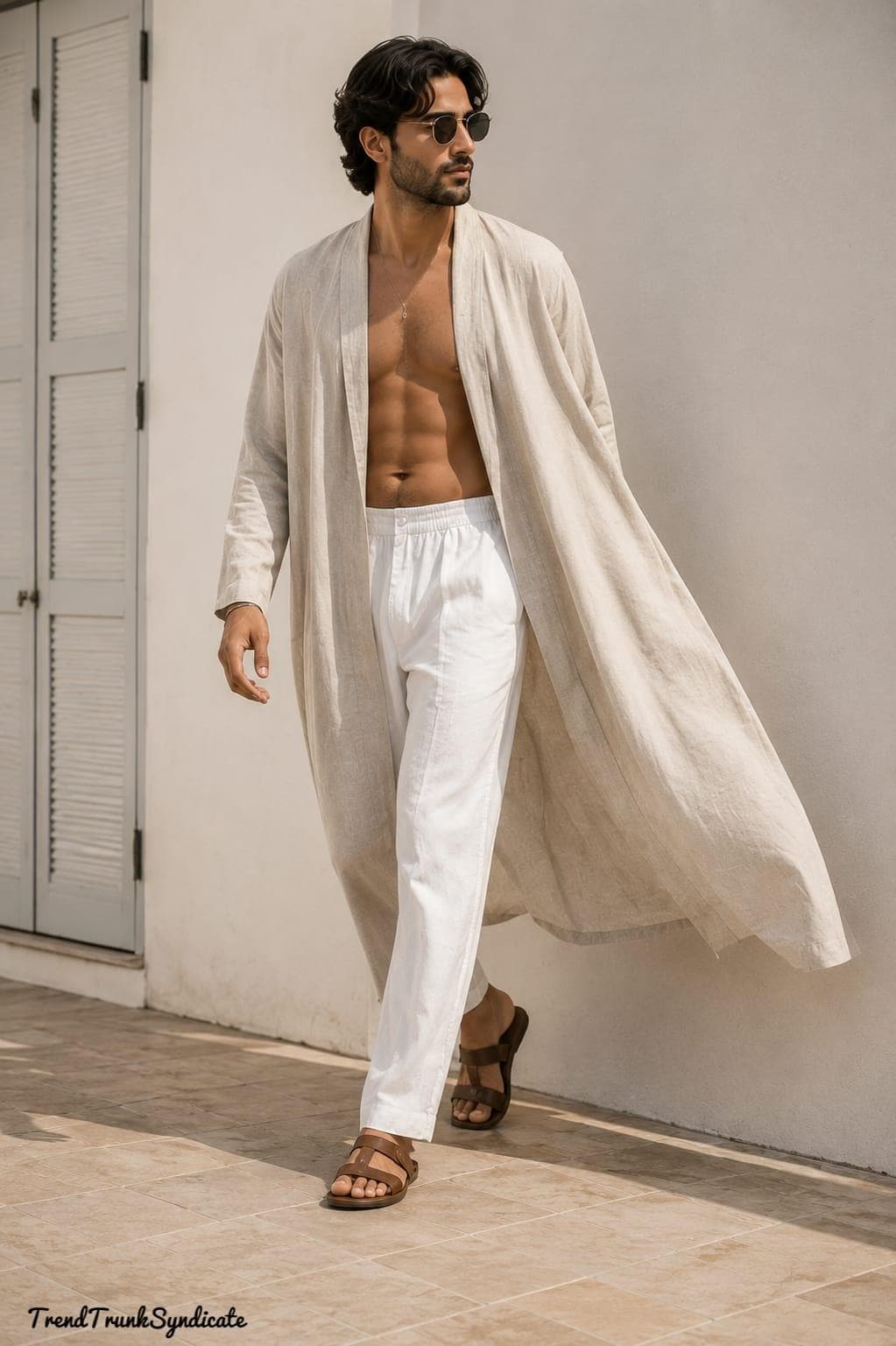 Men's 100% Linen Kaftan Robe - Open Front Long Sleeve - Resort Wear - Linen Pants Included