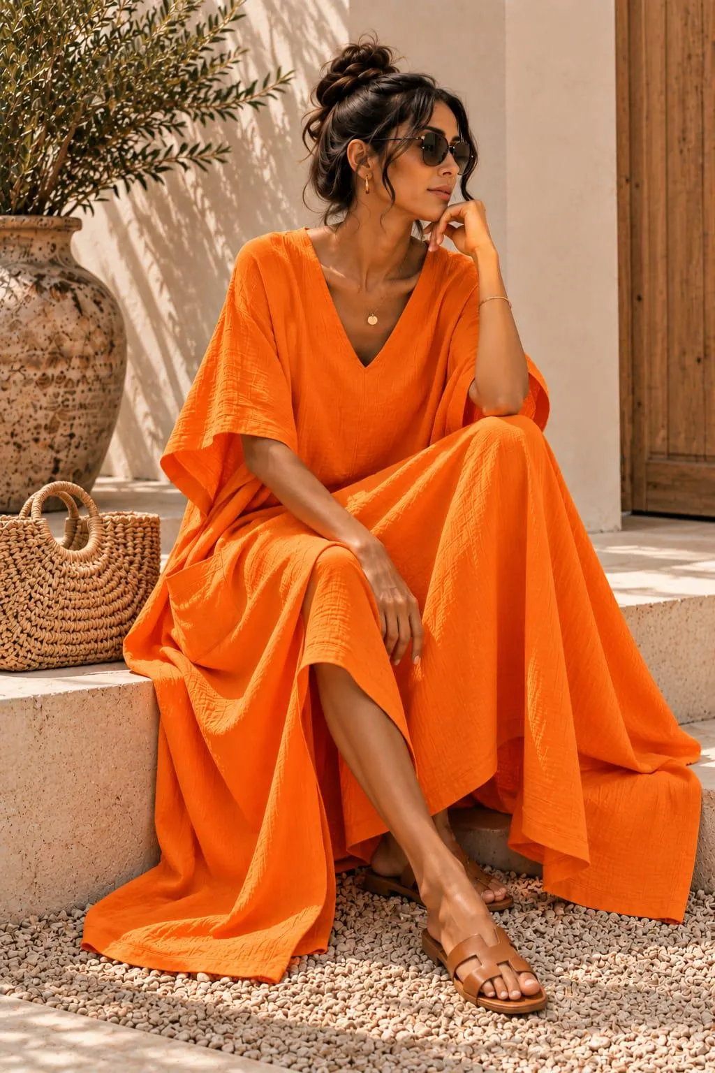 Flowy Orange Maxi Kaftan with Pockets - Double Gauze Cotton V Neck Dress - image 4