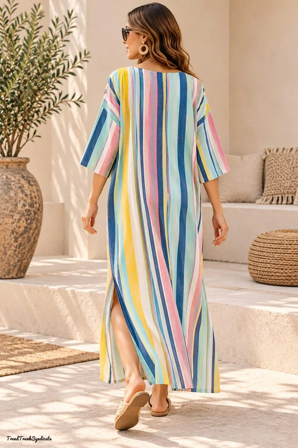 Colorful Stripe Caftan Maxi | Cotton Kaftan Dress | Relaxed 3/4 Sleeve Lounge Resort Kaftan - image 5