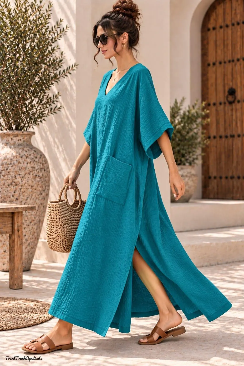 Teal Blue Double Gauze Cotton Kaftan Dress/V Neck Maxi with Pockets/Relaxed Resort Fashion - image 3