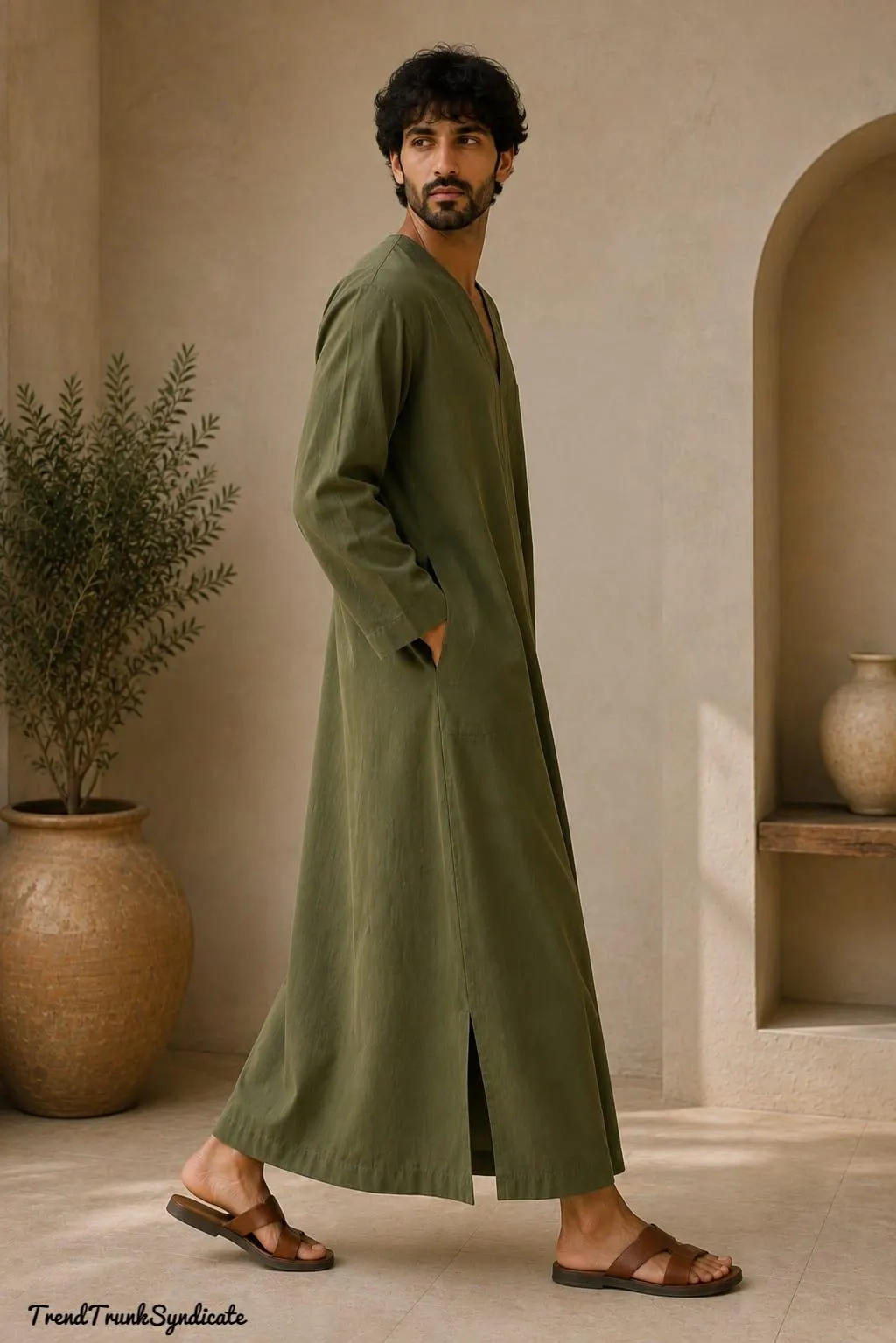 Men's Olive Green Linen Caftan - Front Chest Pocket Kaftan - All Sizes & Colours Available - Comfort - image 5