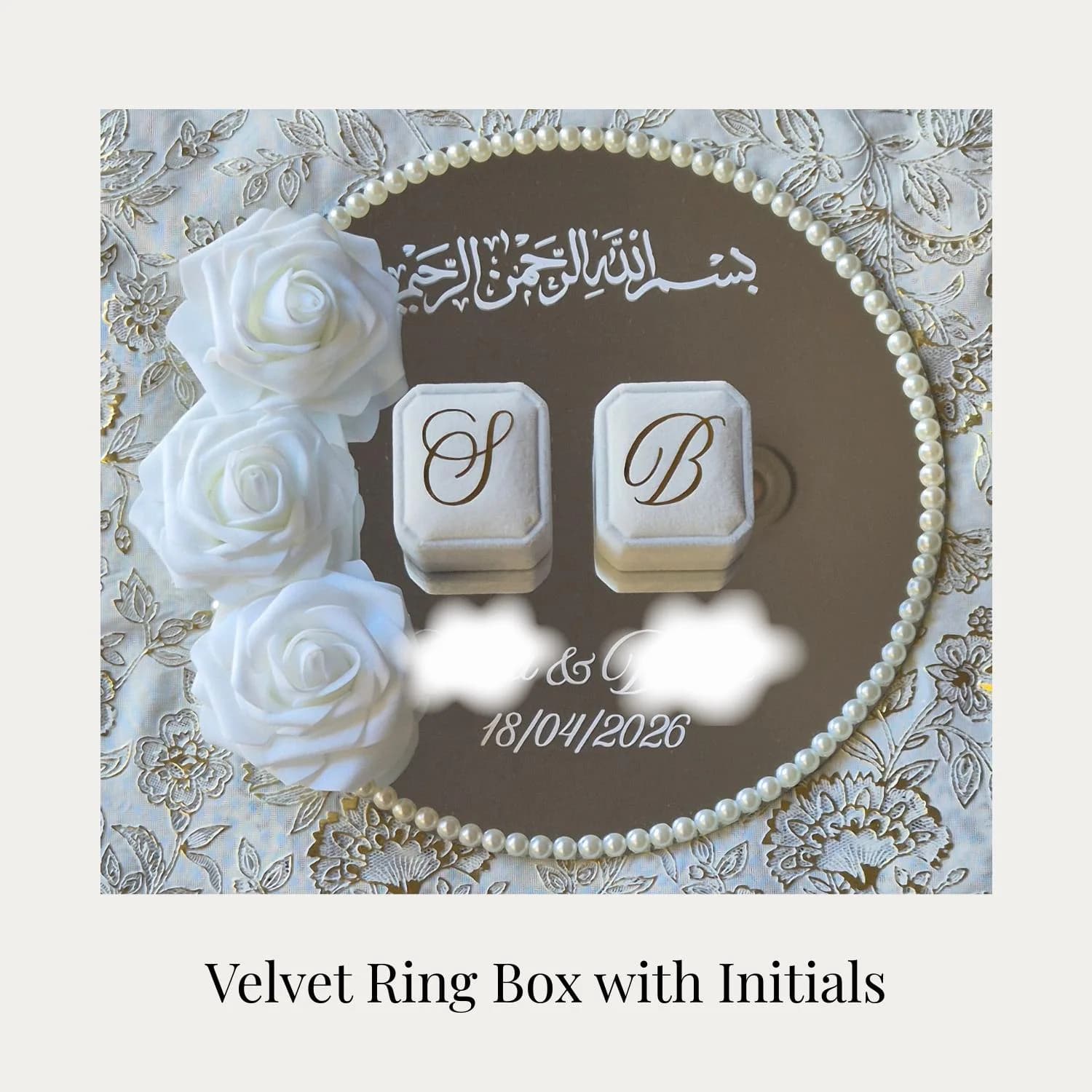 Personalised Wedding Mirror Ring Plate for Nikkah, Engagement Ceremony. With Ring Box & Flowers - image 4