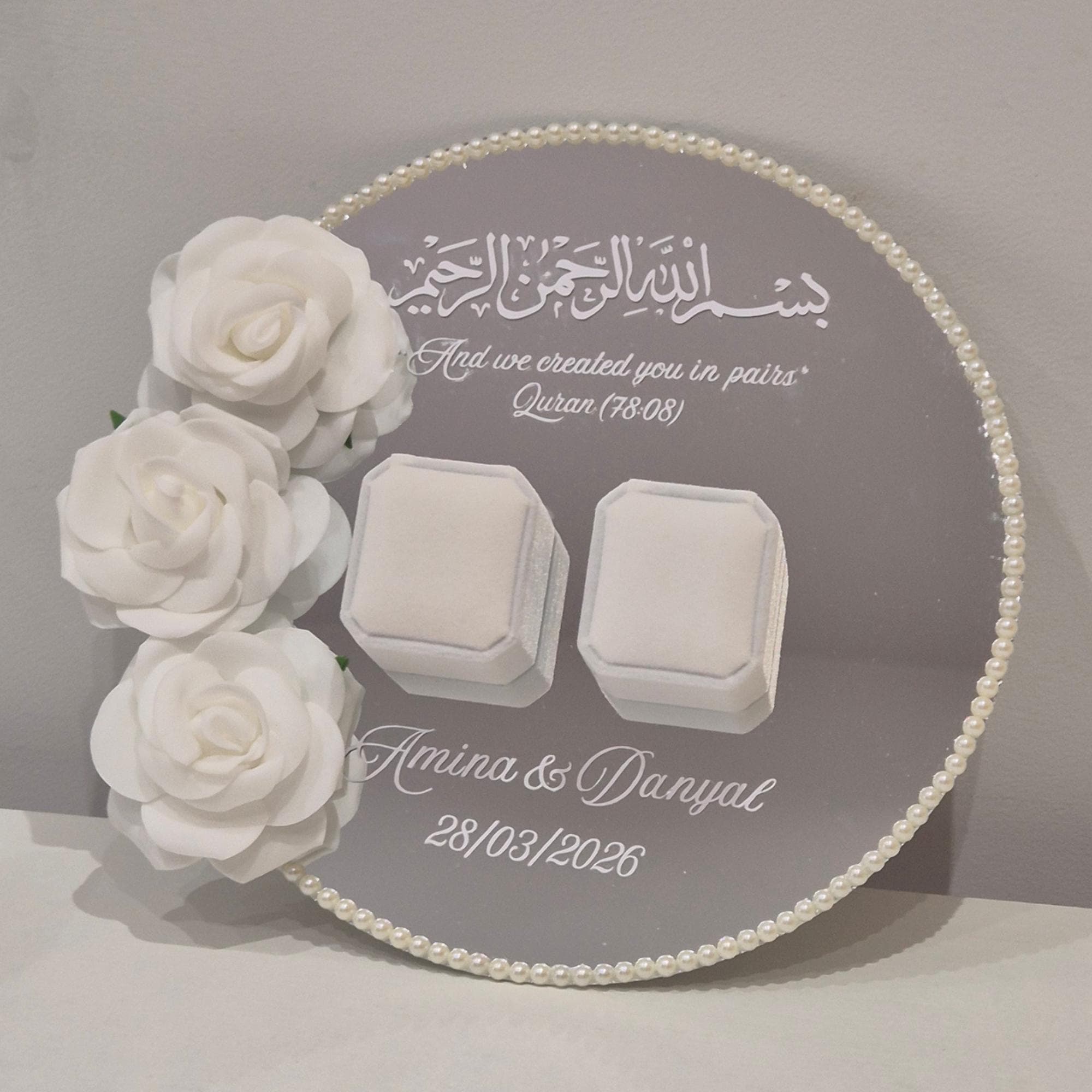 Personalised Wedding Mirror Ring Plate for Nikkah, Engagement Ceremony. With Ring Box & Flowers - image 2