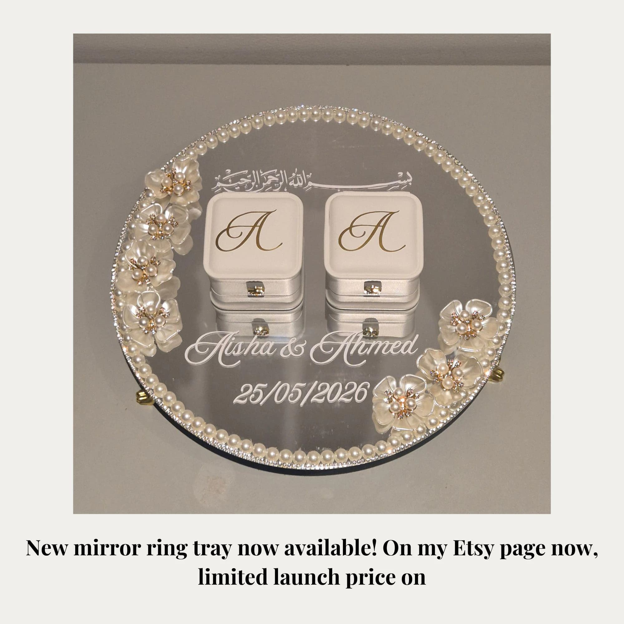 Personalised Wedding Mirror Ring Plate for Nikkah, Engagement Ceremony. With Ring Box & Flowers