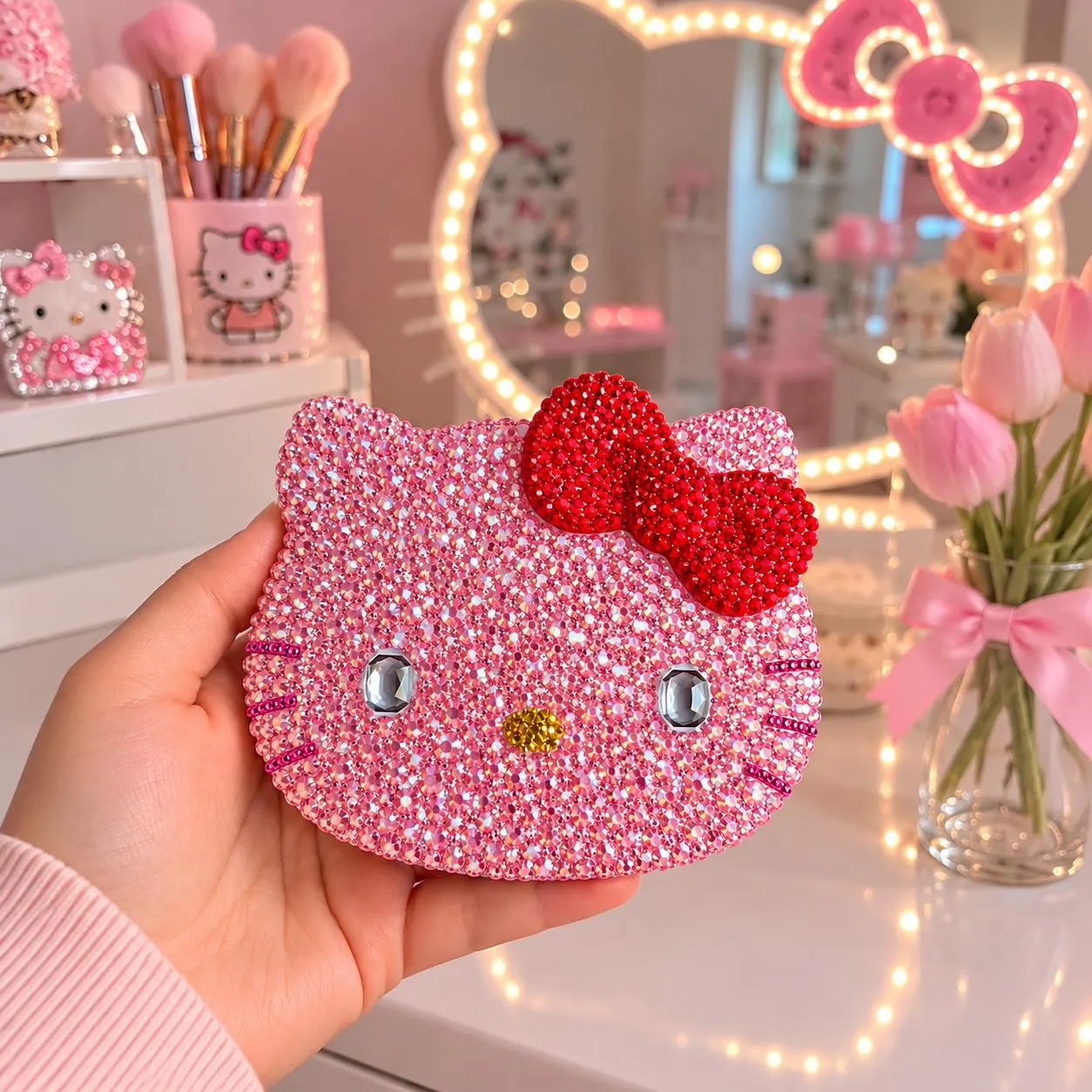 Hello Kitty Rhinestone Mirror – Full Crystal Compact Mirror, Sparkly Cute Makeup Mirror, Glam Gift - image 5