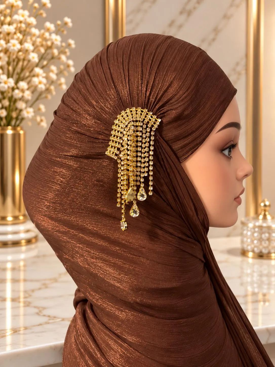 Luxury Rhinestone Hijab Scarf, Elegant Muslim Headscarf, Shimmer Hijab with Gold Crystal Brooch, Wedding & Special Occasion Hijab - image 3