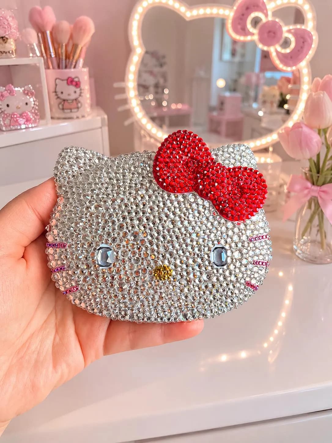 Hello Kitty Rhinestone Mirror – Full Crystal Compact Mirror, Sparkly Cute Makeup Mirror, Glam Gift