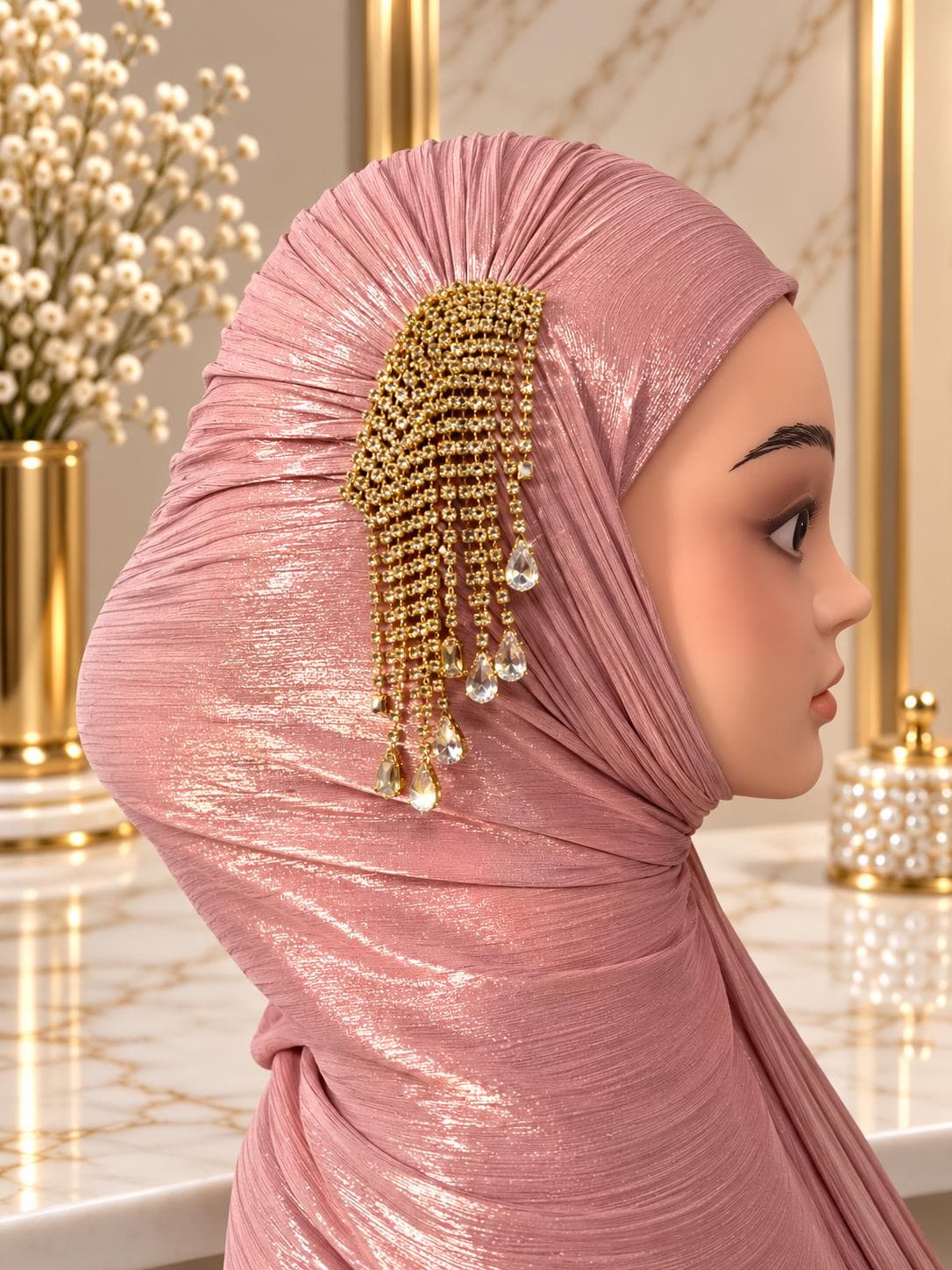 Luxury Rhinestone Hijab Scarf, Elegant Muslim Headscarf, Shimmer Hijab with Gold Crystal Brooch, Wedding & Special Occasion Hijab - image 5