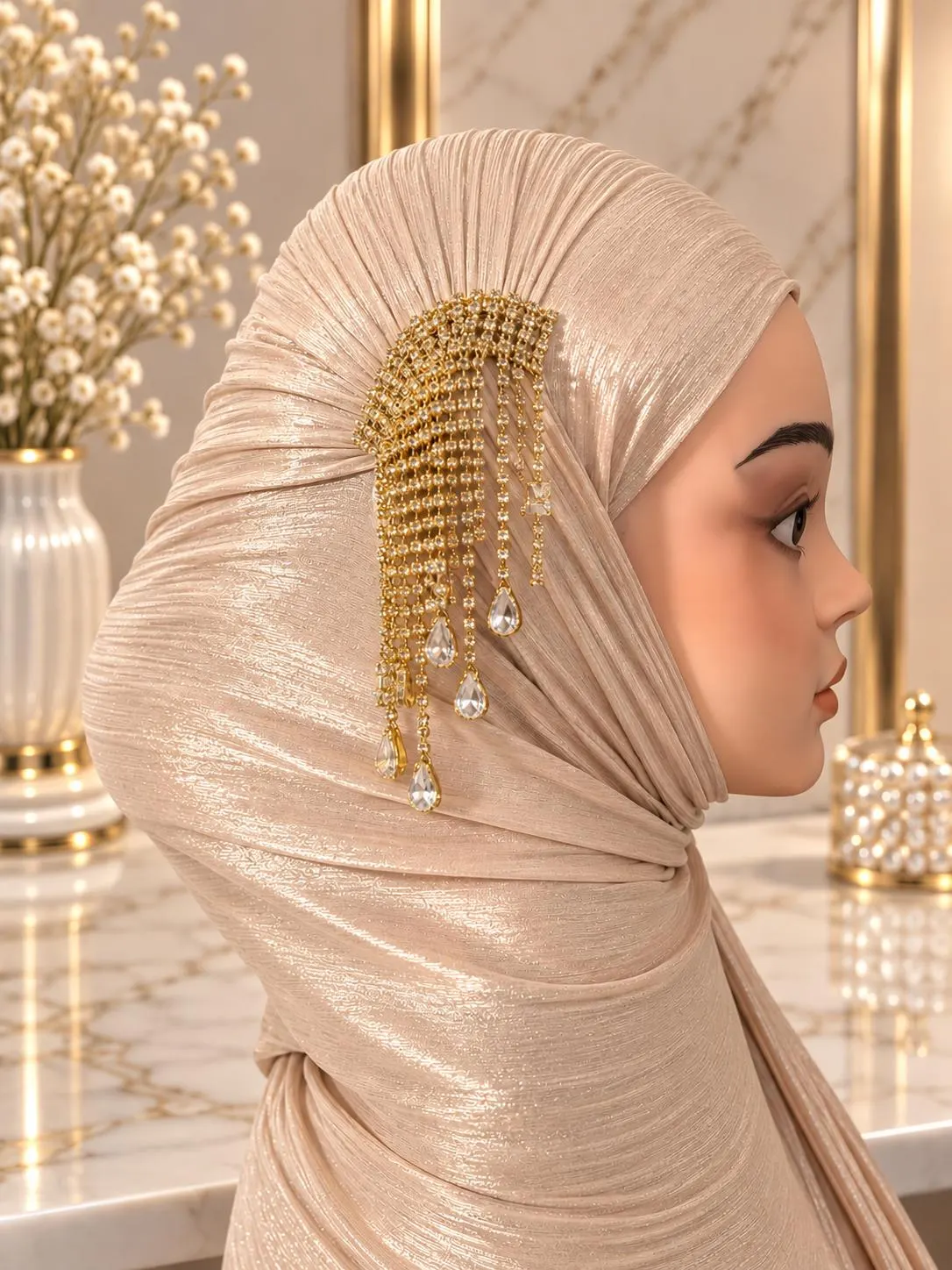 Luxury Rhinestone Hijab Scarf, Elegant Muslim Headscarf, Shimmer Hijab with Gold Crystal Brooch, Wedding & Special Occasion Hijab - image 4