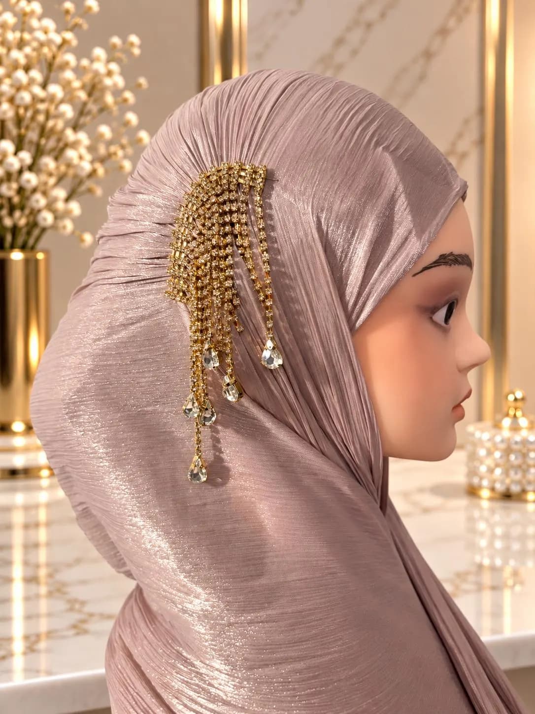 Luxury Rhinestone Hijab Scarf, Elegant Muslim Headscarf, Shimmer Hijab with Gold Crystal Brooch, Wedding & Special Occasion Hijab