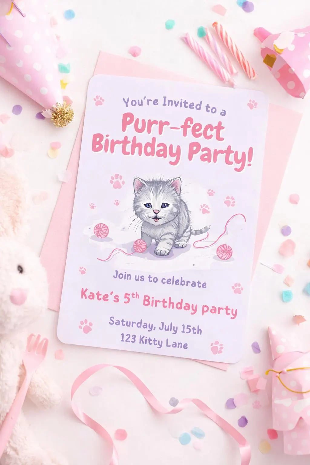 purrfect Kitty Cat Birthday Invitation – Pastel Pink, Editable Canva Template (Digital Download) - image 3
