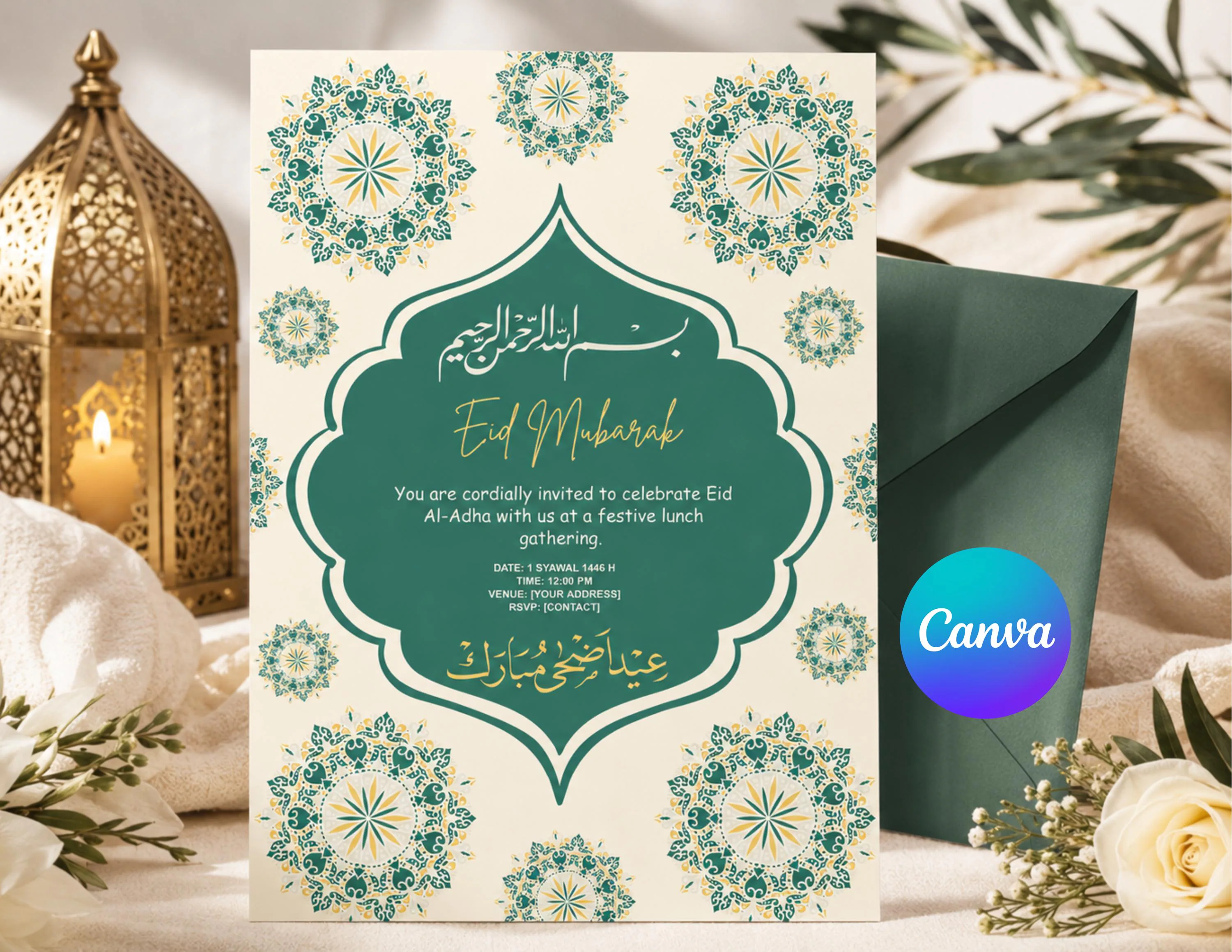 Eid Al-Adha Invitation Template | Green Gold Islamic Eid party Canva editable invite (Digital Download) - image 5