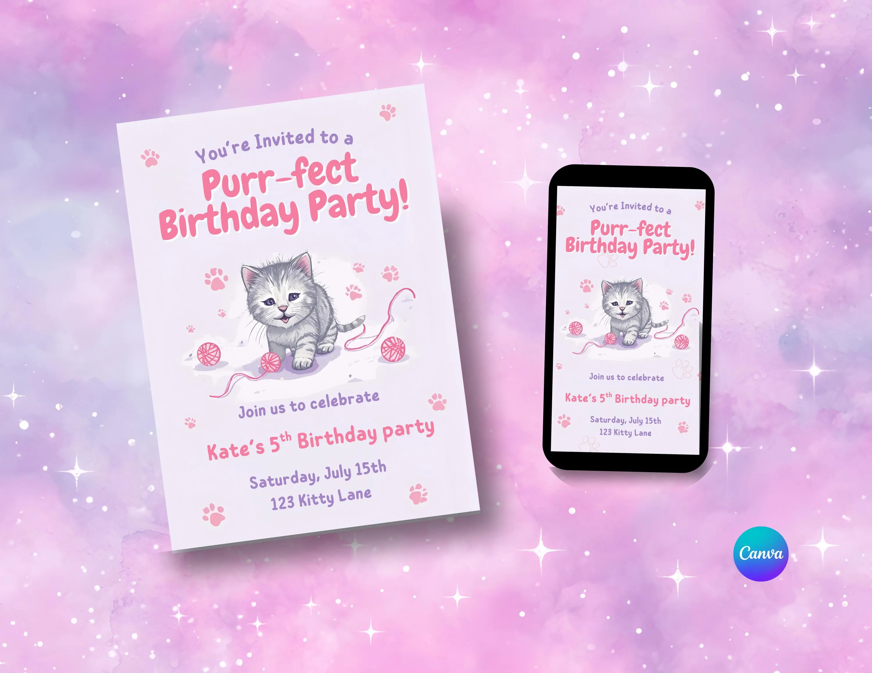 purrfect Kitty Cat Birthday Invitation – Pastel Pink, Editable Canva Template (Digital Download)