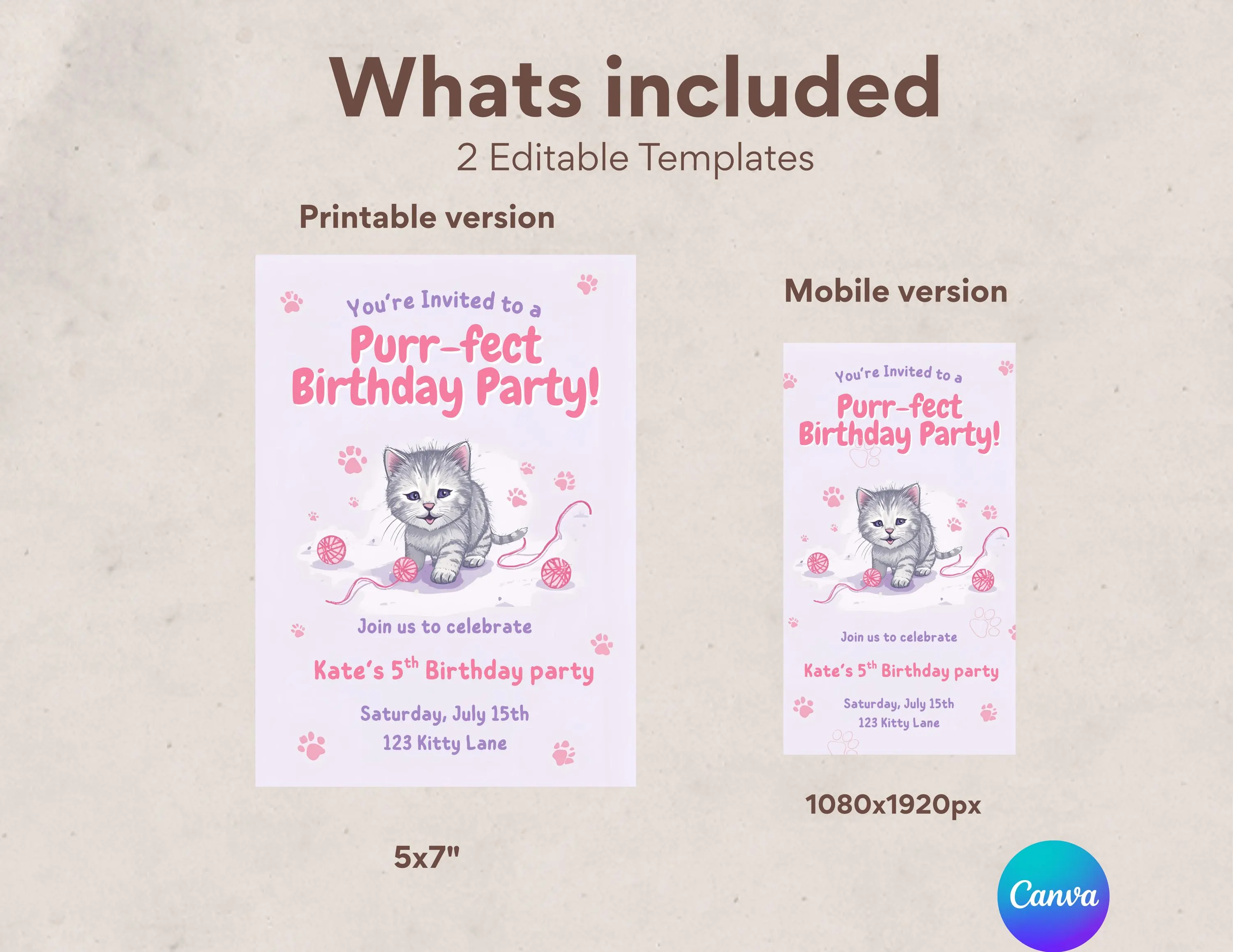 purrfect Kitty Cat Birthday Invitation – Pastel Pink, Editable Canva Template (Digital Download) - image 5