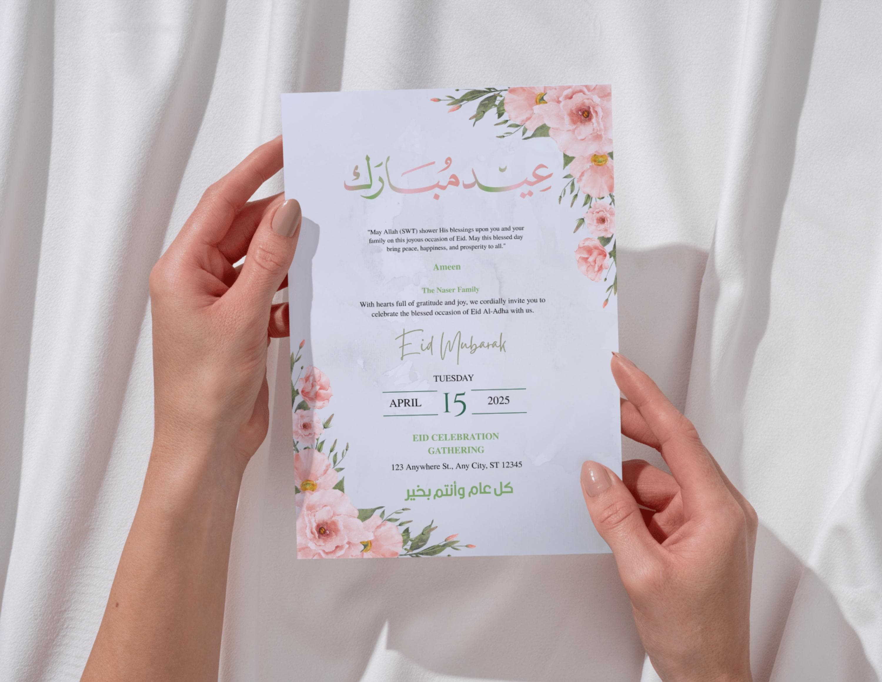 Elegant Floral Eid Mubarak Invitation | Watercolor Flowers, Arabic Calligraphy (Digital Download) - image 2