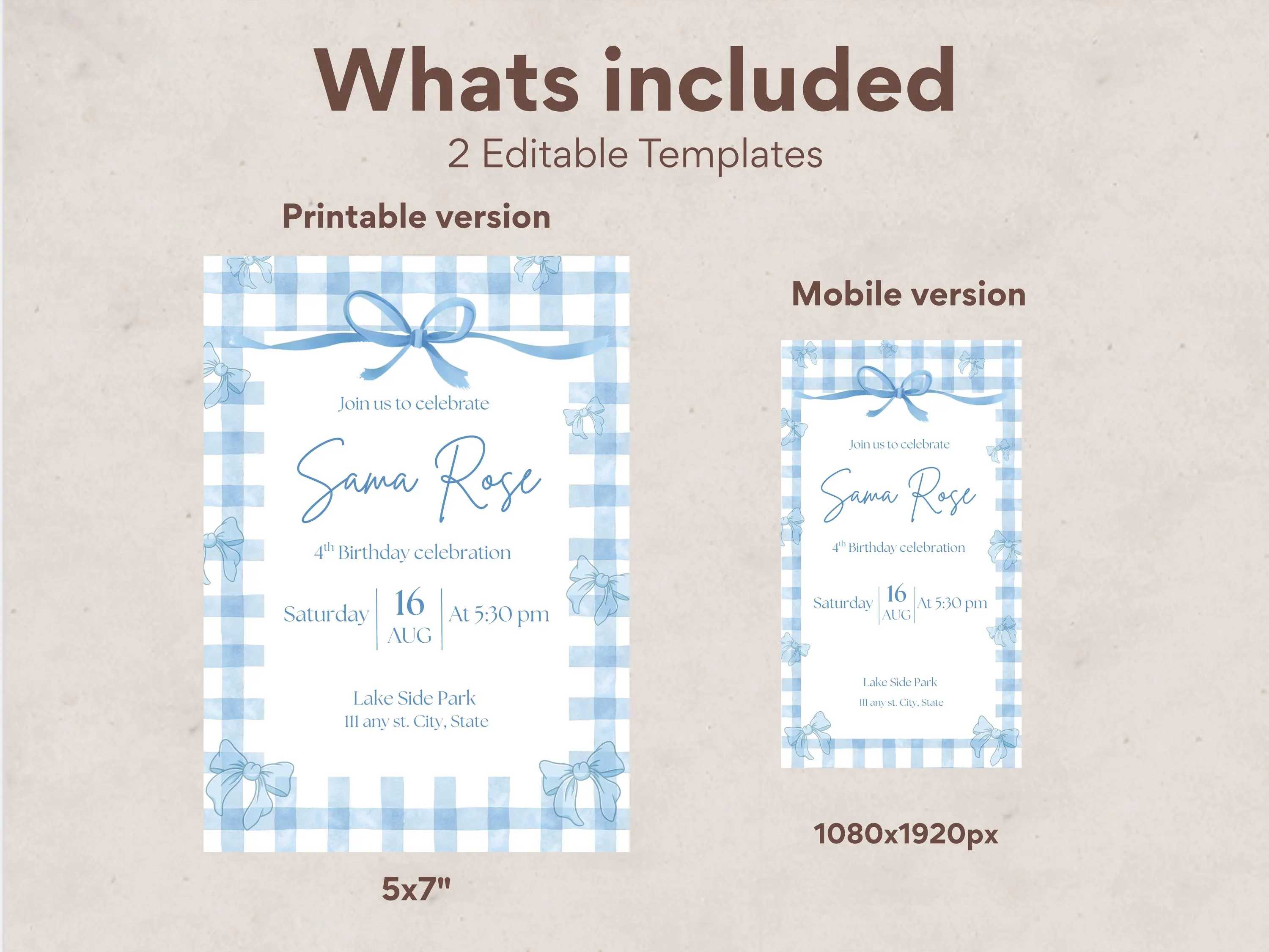 Pastel Blue Birthday Invitation Template | Bow Party Invite | Editable Canva | Printable & Mobile Version - image 5