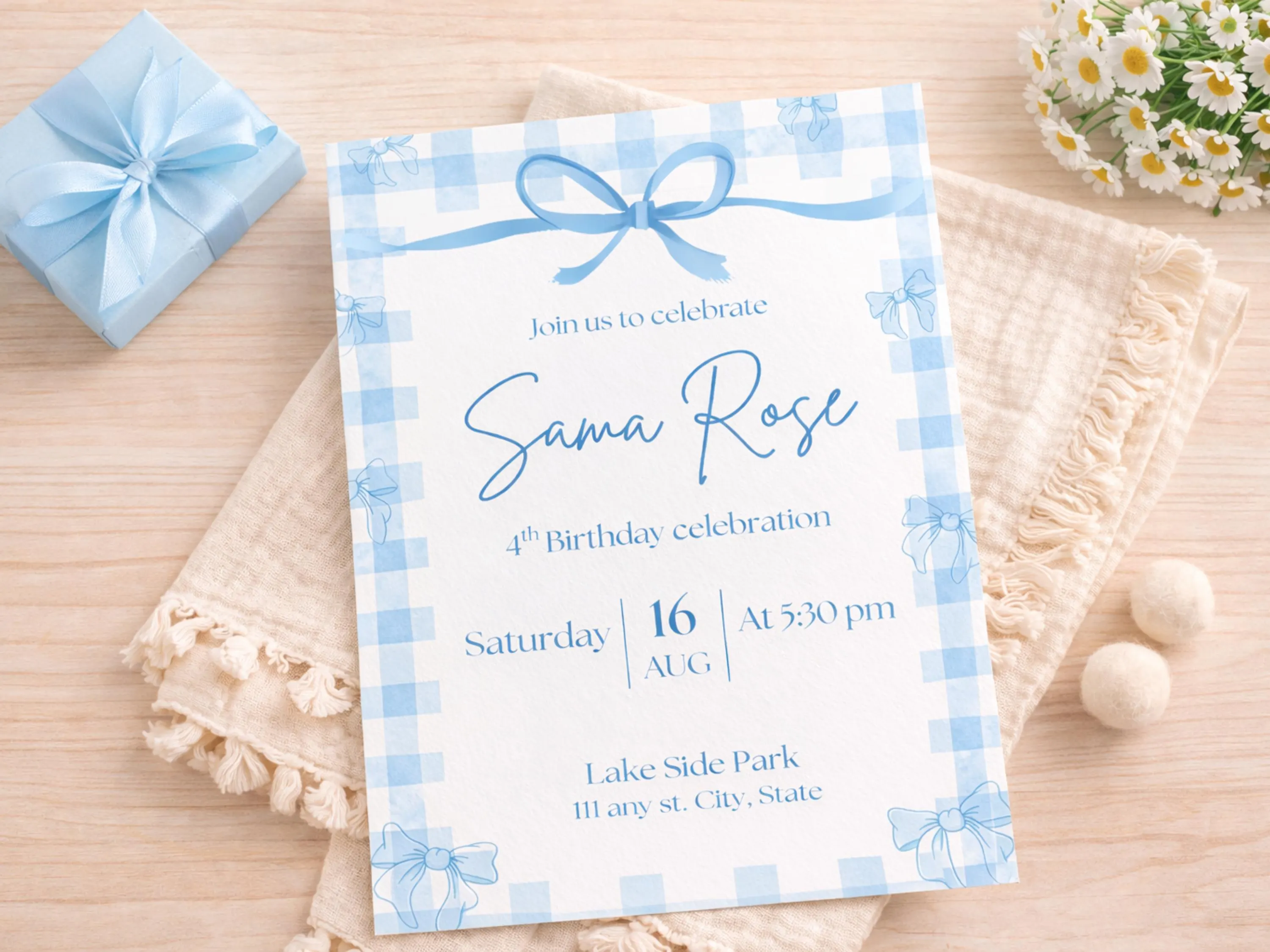 Pastel Blue Birthday Invitation Template | Bow Party Invite | Editable Canva | Printable & Mobile Version - image 2