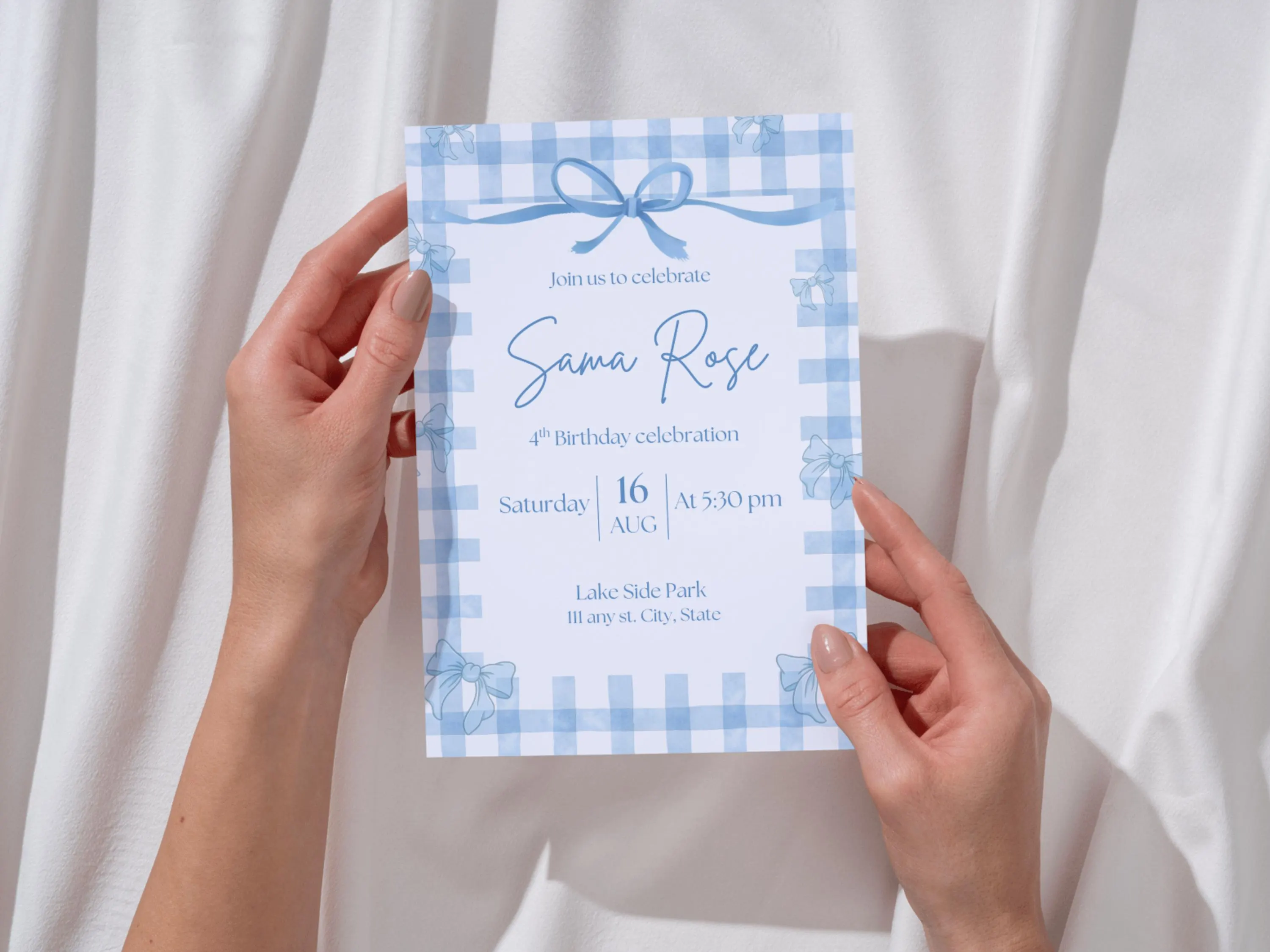 Pastel Blue Birthday Invitation Template | Bow Party Invite | Editable Canva | Printable & Mobile Version