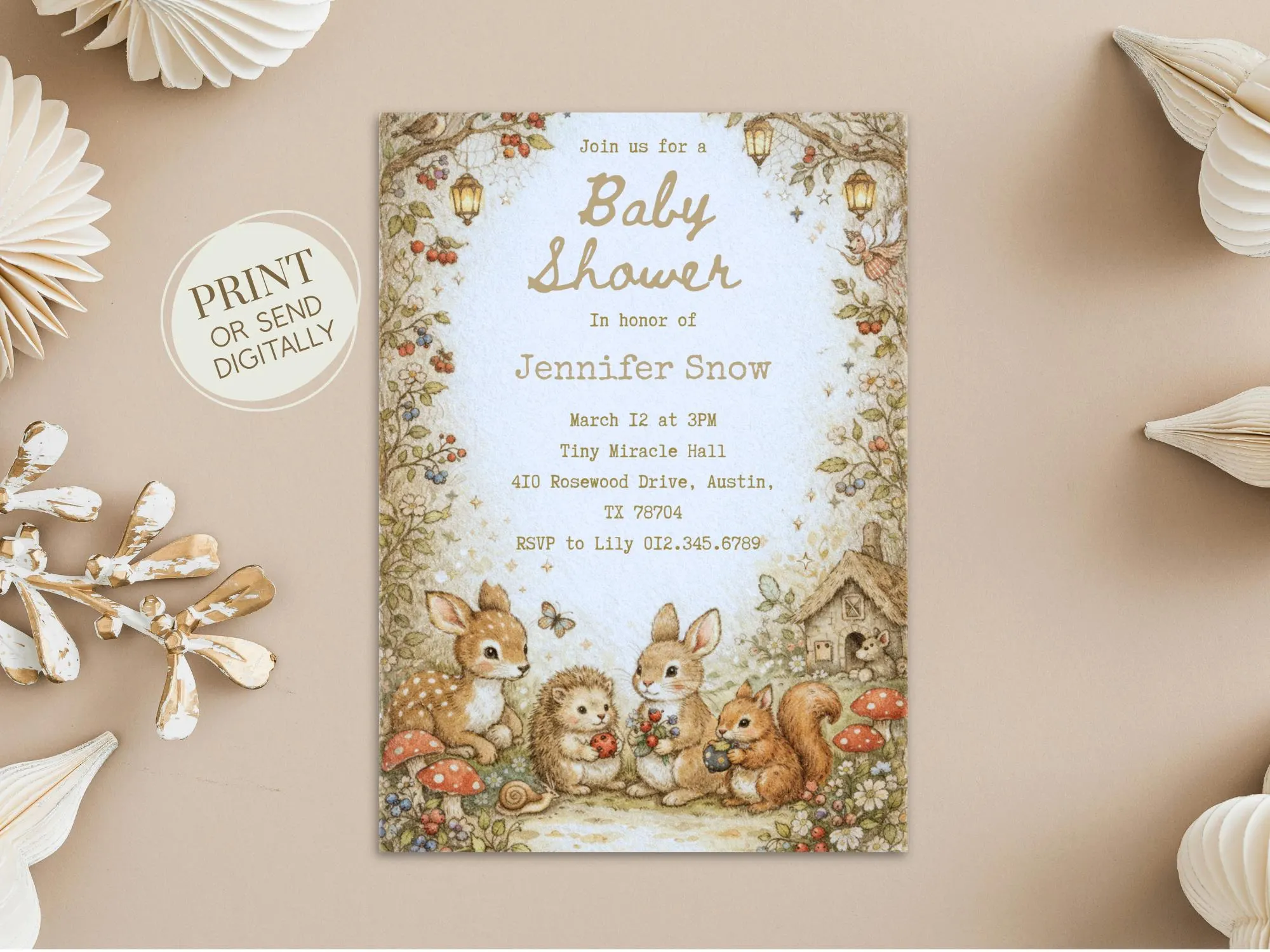 Vintage Woodland Baby Shower Invitation Template | Editable Canva Invite | Forest Animals Baby Shower | Instant Download 5x7