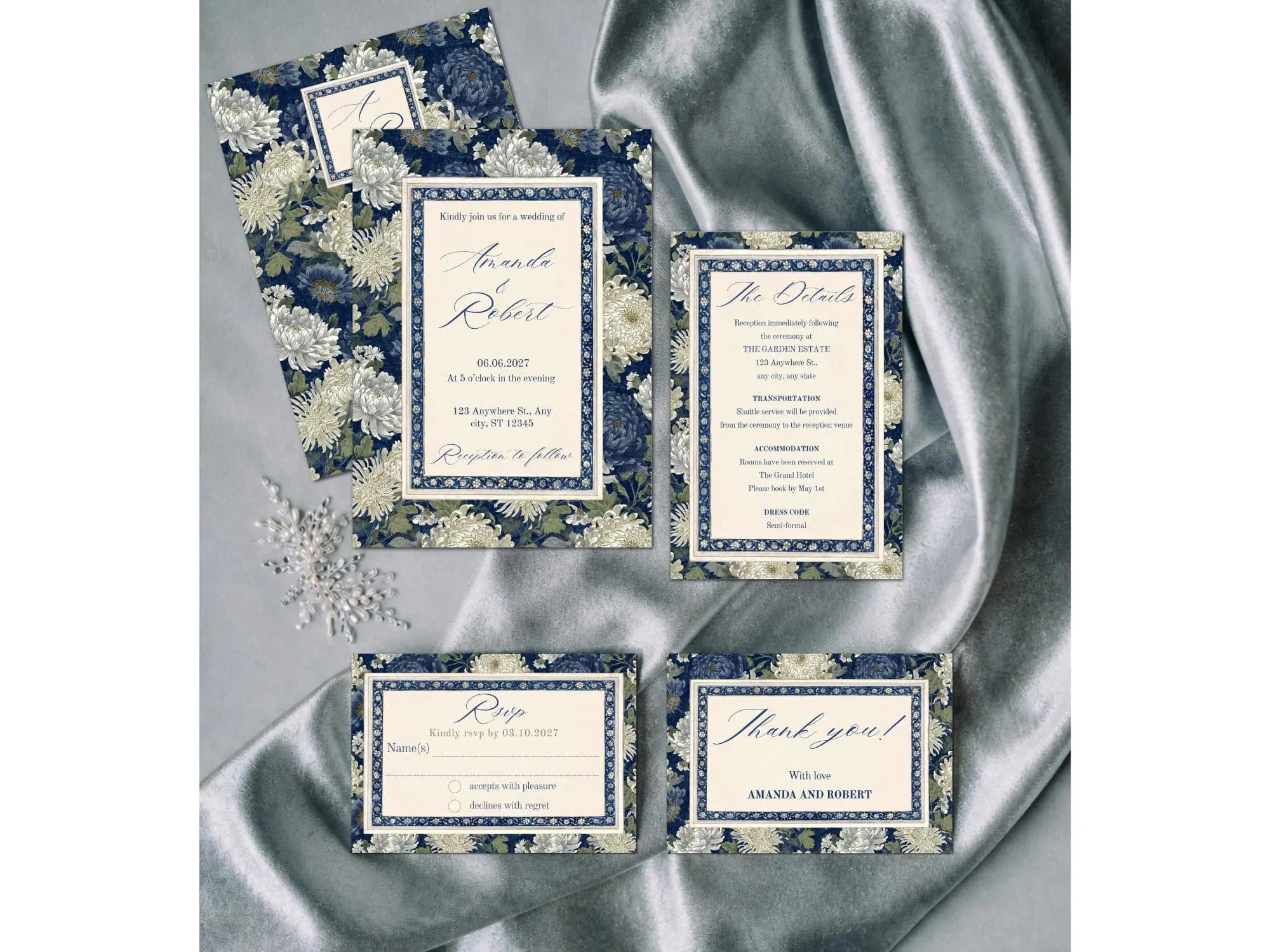 Blue Elegant Floral Wedding Invitation Canva Template, Editable Invite Suite,Navy Vintage Invitation,Printable Wedding Set,RSVP Details Card