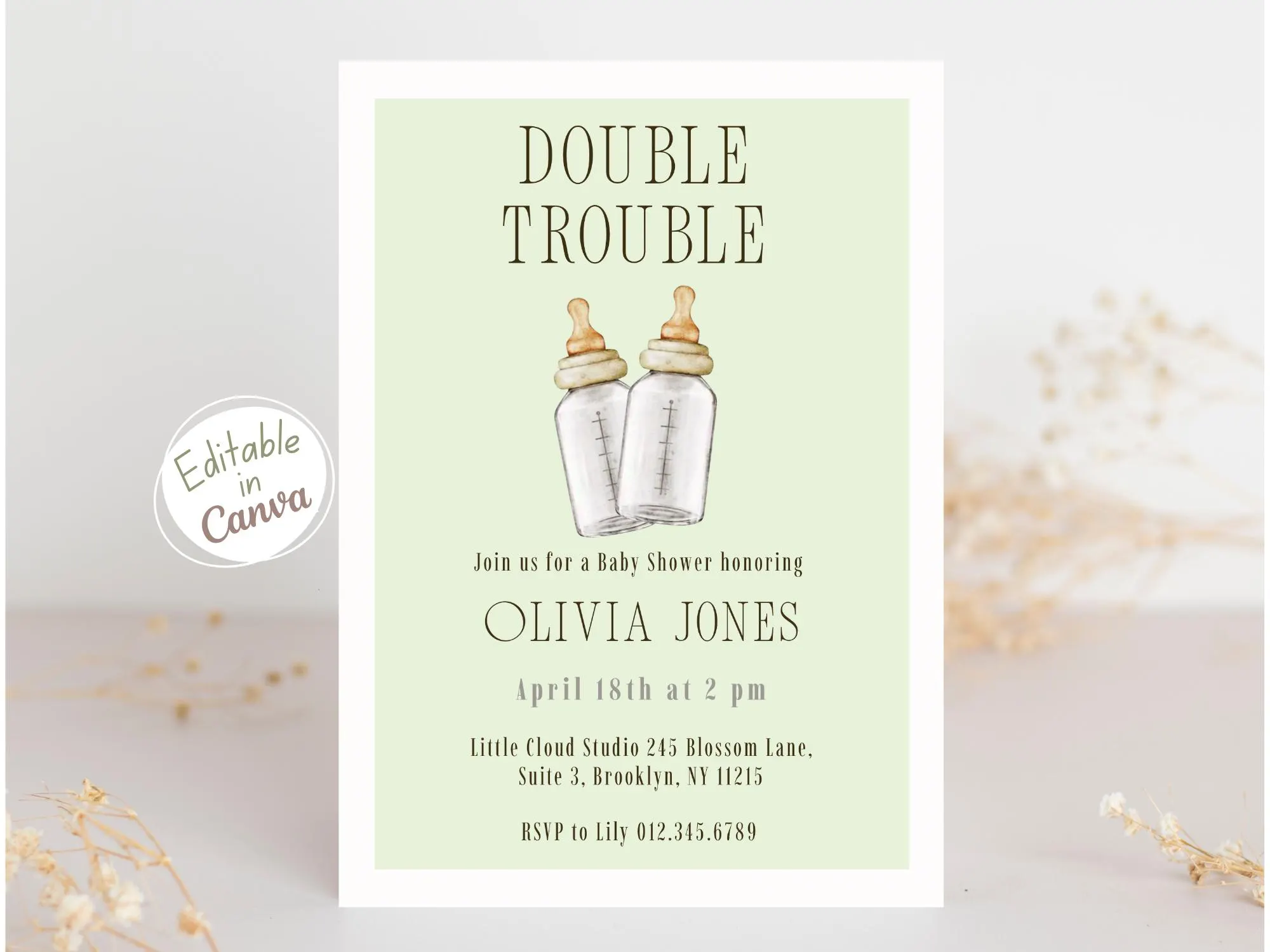 Twins Baby Shower Invitation Double Trouble,Neutral Twin Baby Invite, Minimalist Baby Shower Template,Canva Editable Printable Shower Invite