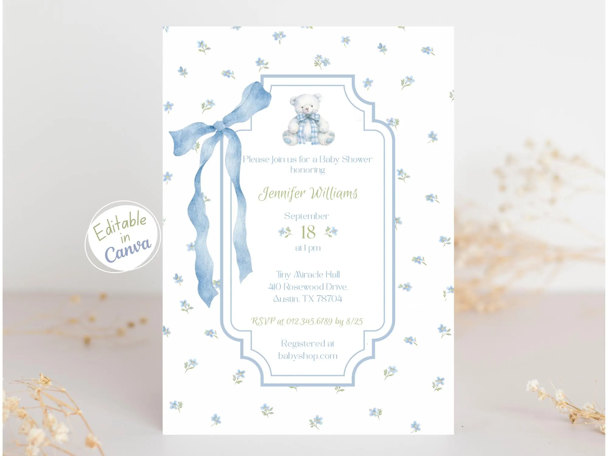 Elegant Bear Bow Baby Shower Invitation Blue Floral, Editable Template, Classic Minimalist Boy Baby Shower Invite