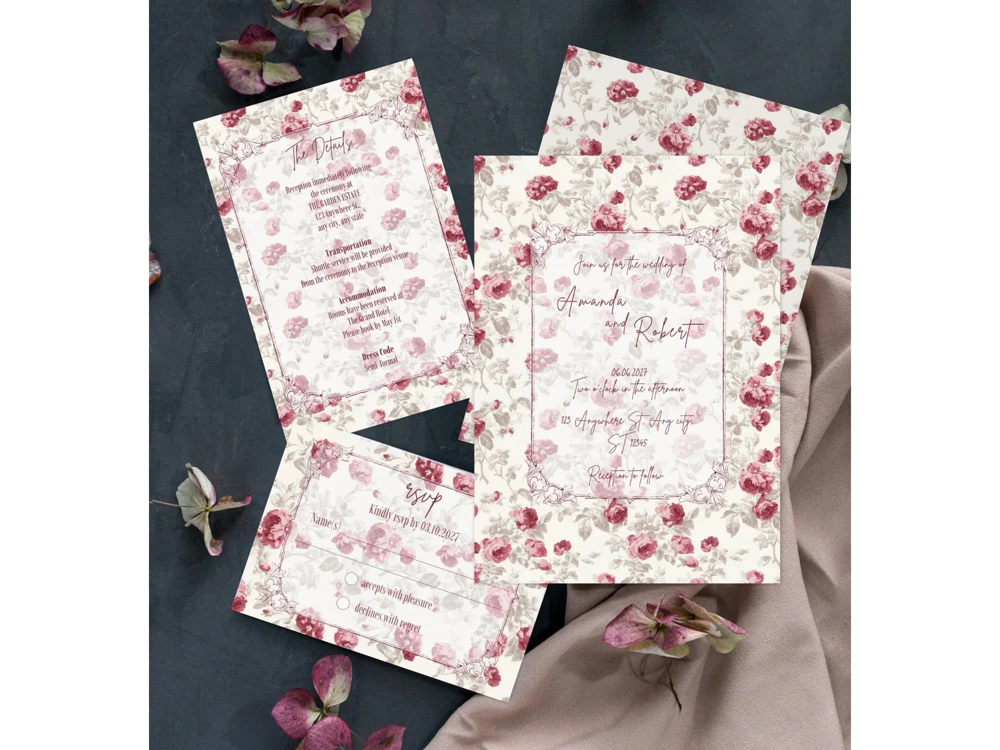 Floral Vintage Wedding Invitation Template, Editable Invite Suite,Elegant Pink Rose Invite Set,Printable RSVP Details Card, Instant Download