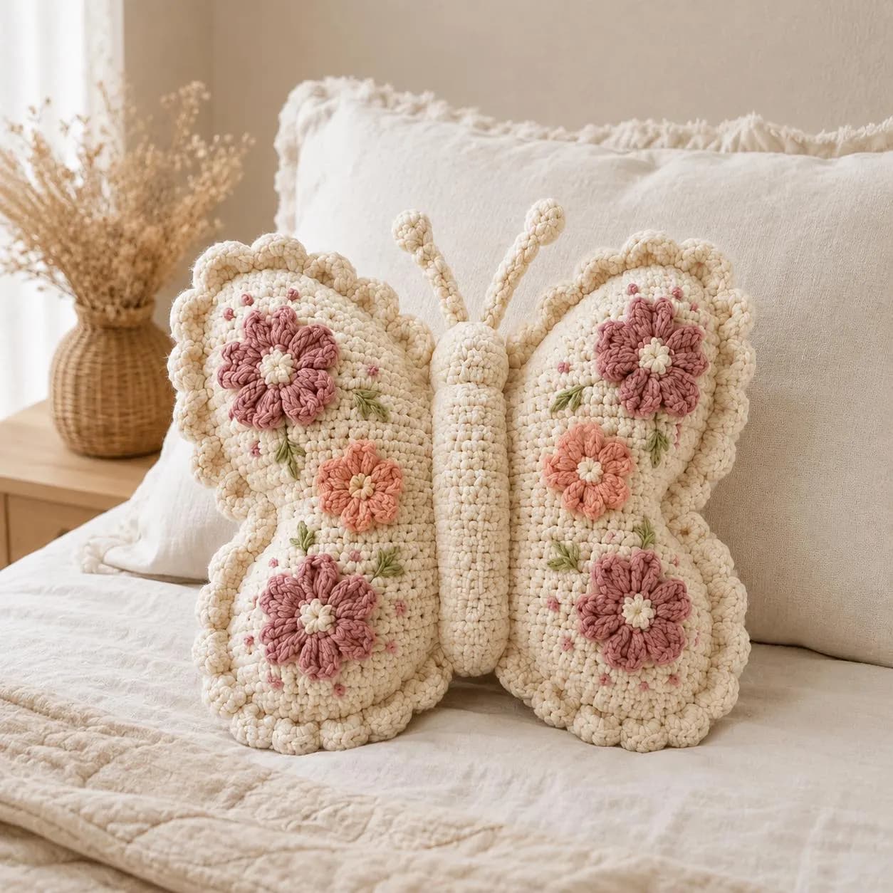 Crochet Butterfly Pillow Pattern PDF, Floral Stuffed Cushion with Visual Guide, Amigurumi Home Decor DIY Digital Download Tutorial