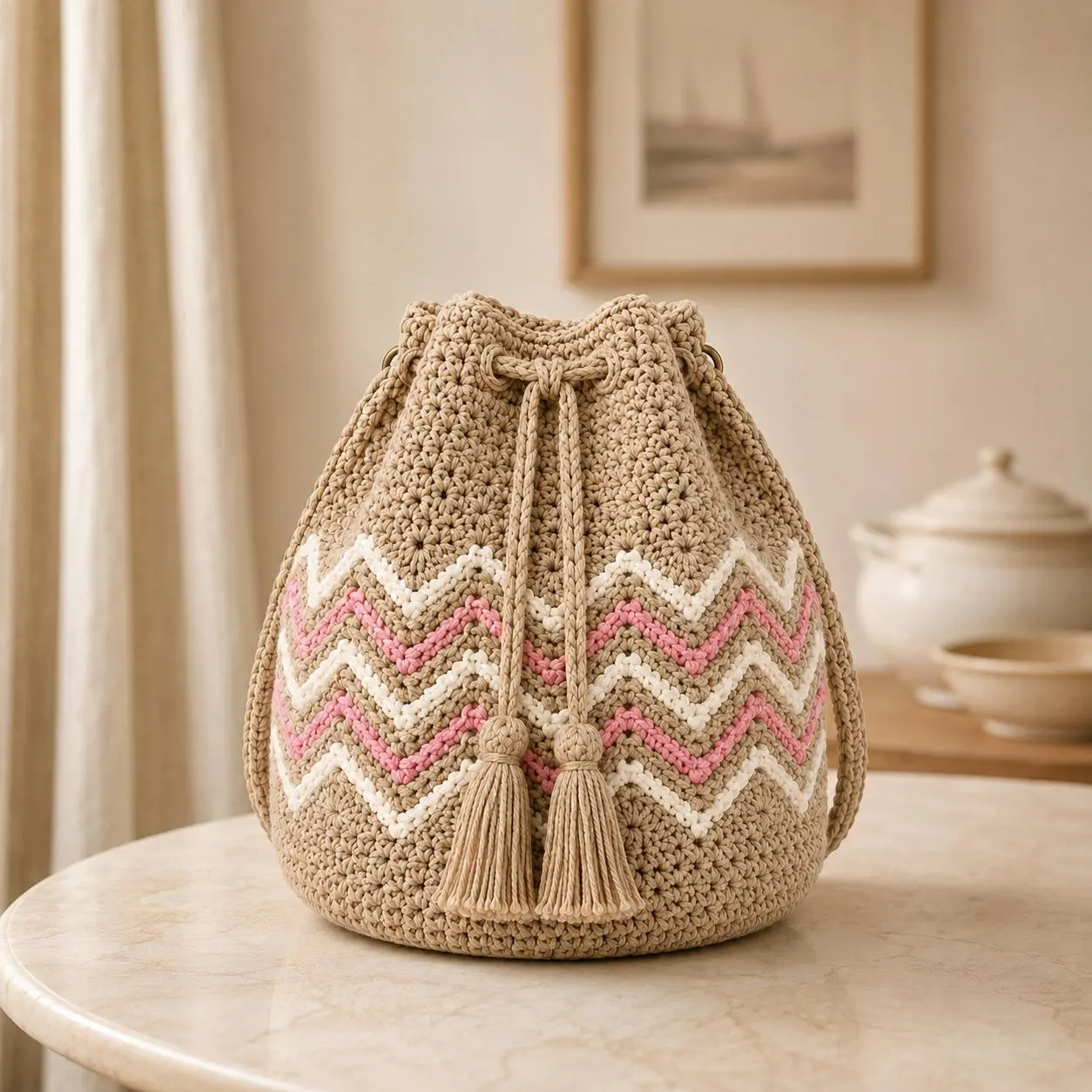 Crochet Bucket Bag Pattern PDF, Boho Drawstring Purse Tutorial, Chevron Shoulder Bag Crochet Pattern