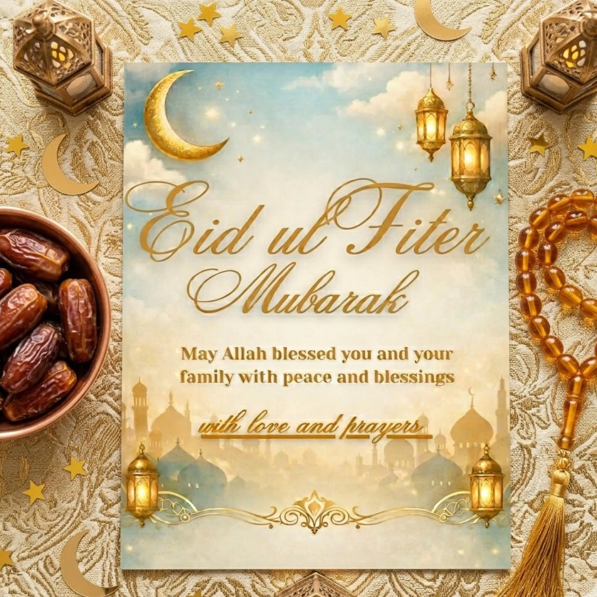 Eid Mubarak Card, Islamic Festival Greeting, Printable Wishes (Digital Download)