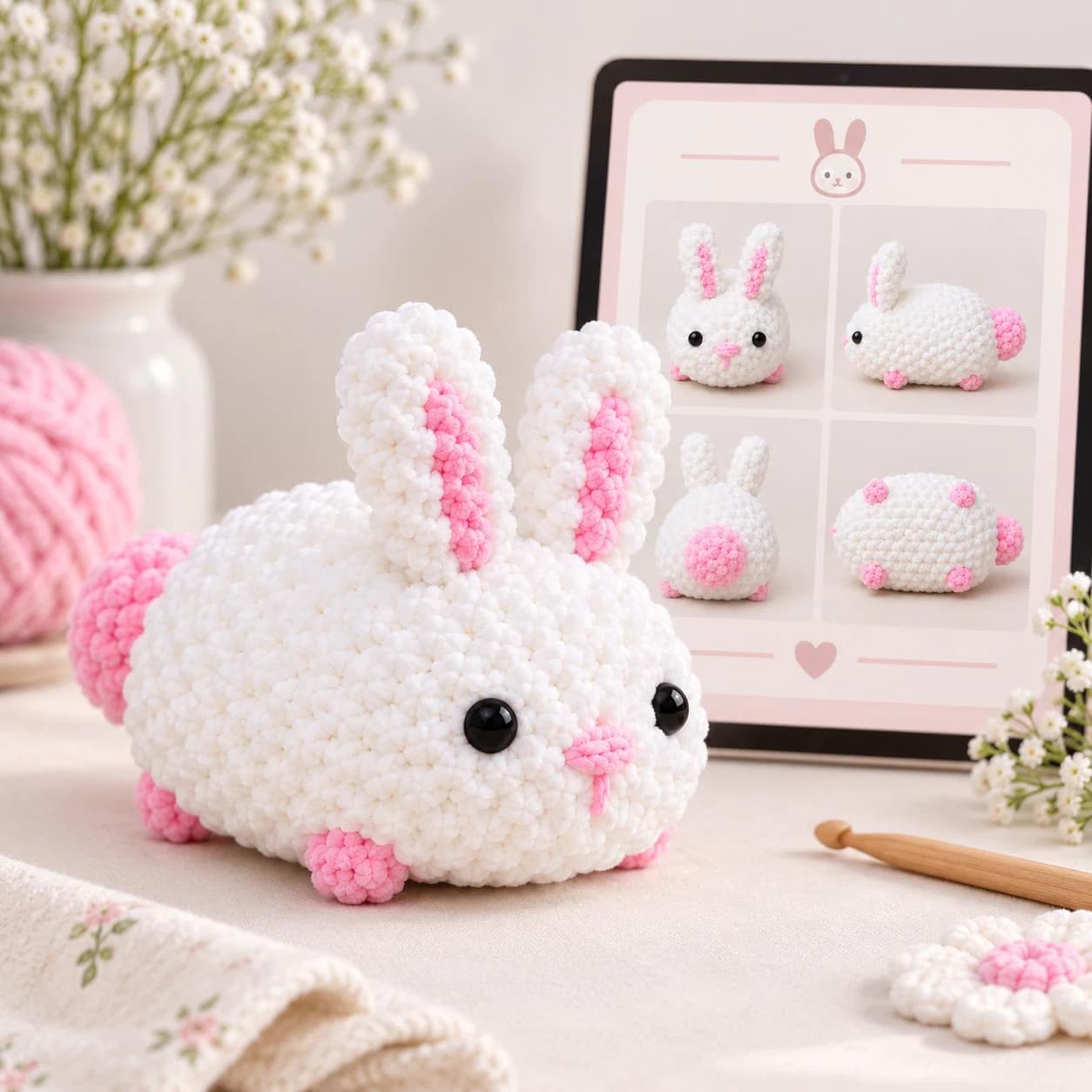Loaf Bunny Crochet Pattern PDF | White & Pink Rabbit Amigurumi Plushie | Beginner Friendly Chenille Toy with Step by Step Visual Guide