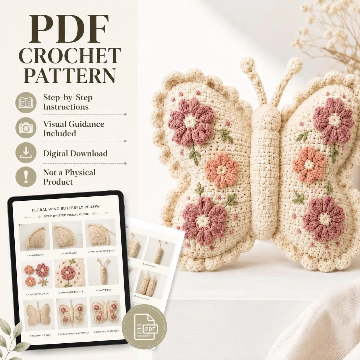 Crochet Butterfly Pillow Pattern PDF, Floral Stuffed Cushion with Visual Guide, Amigurumi Home Decor DIY Digital Download Tutorial - image 5