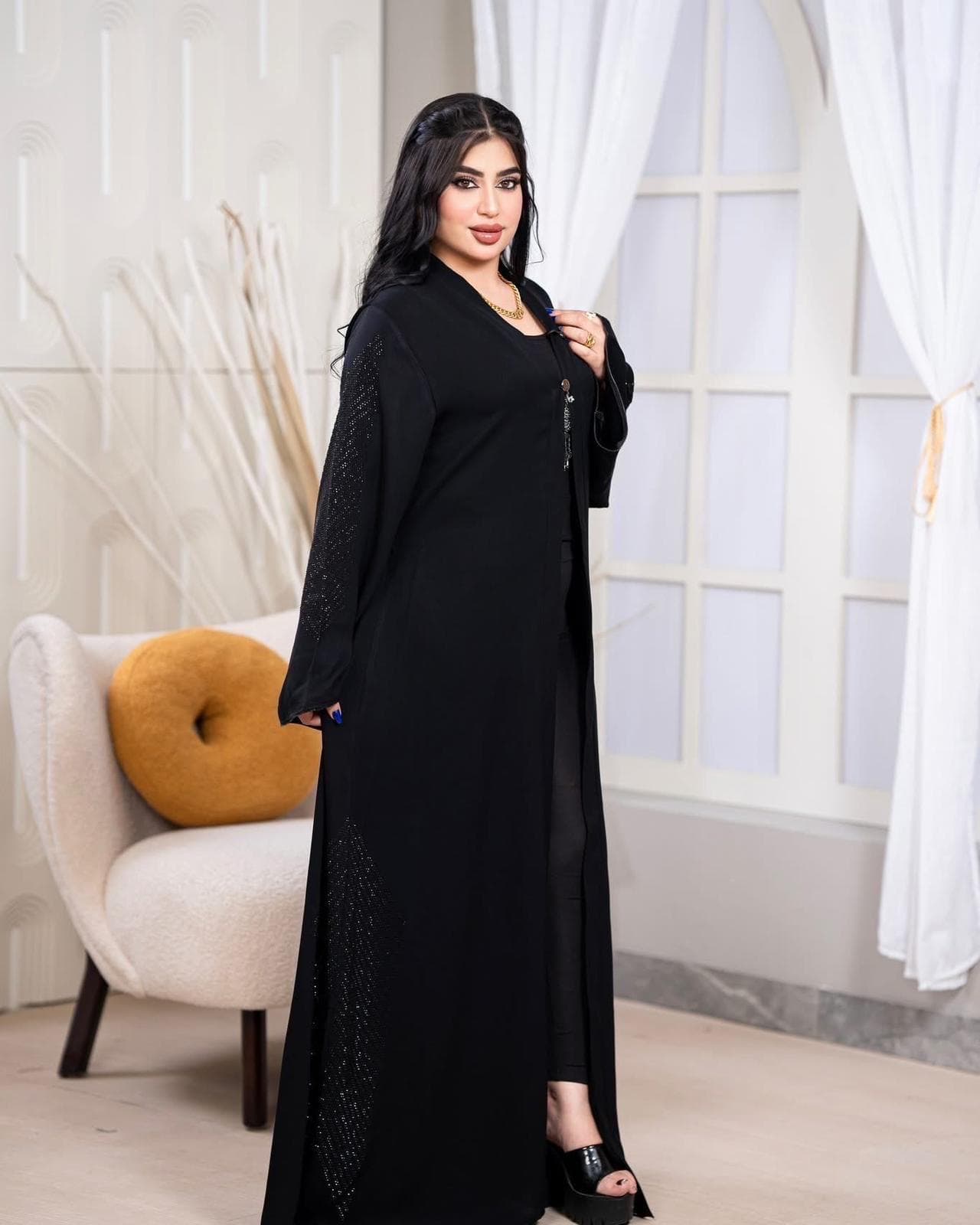 Black & White Crystal Abaya - Luxury Embellished Islamic Dress - Eid Wedding Party Wear - image 3