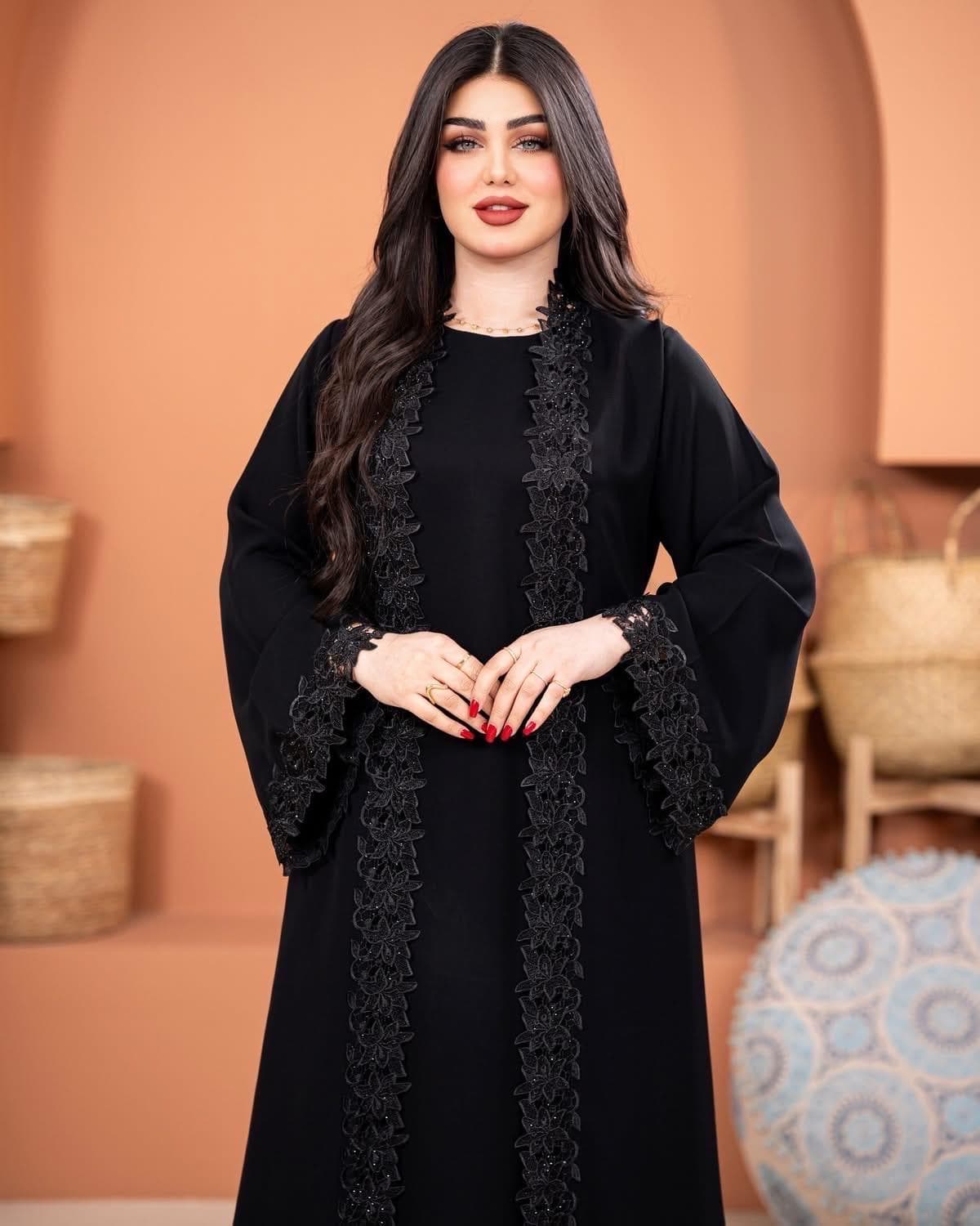Two-Piece Black Abaya Set with Tulle & Shine | Modest Islamic Dress for Prayer, Wedding, Eid | Full-Length Flowy Abaya