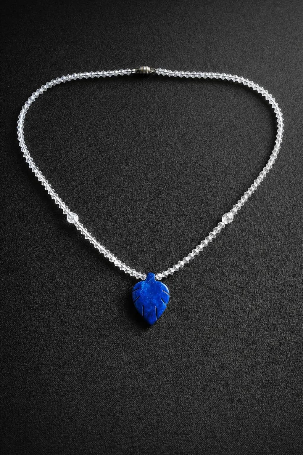 Carved Lapis Lazuli Leaf Necklace, Clear Crystal Beaded Chain, Nature Inspired Jewelry - image 4