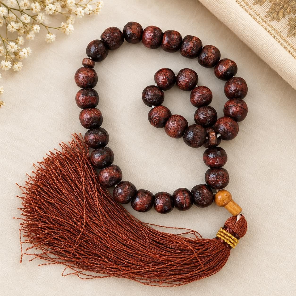 Handmade Wooden Tasbih, 35 Beads with Tassel, Lightweight Islamic Prayer Beads