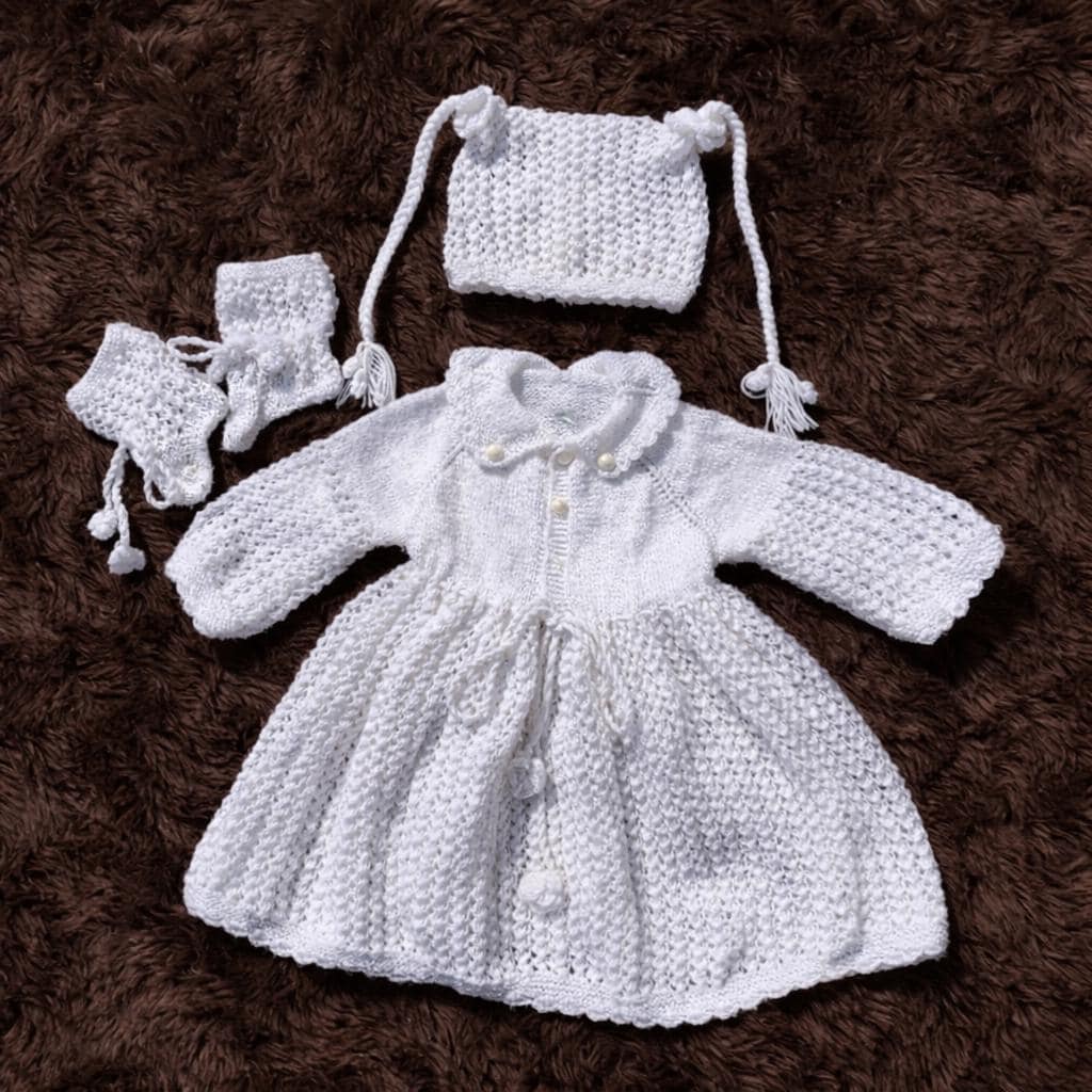Handmade White Knit Baby Dress Set | Bonnet & Booties