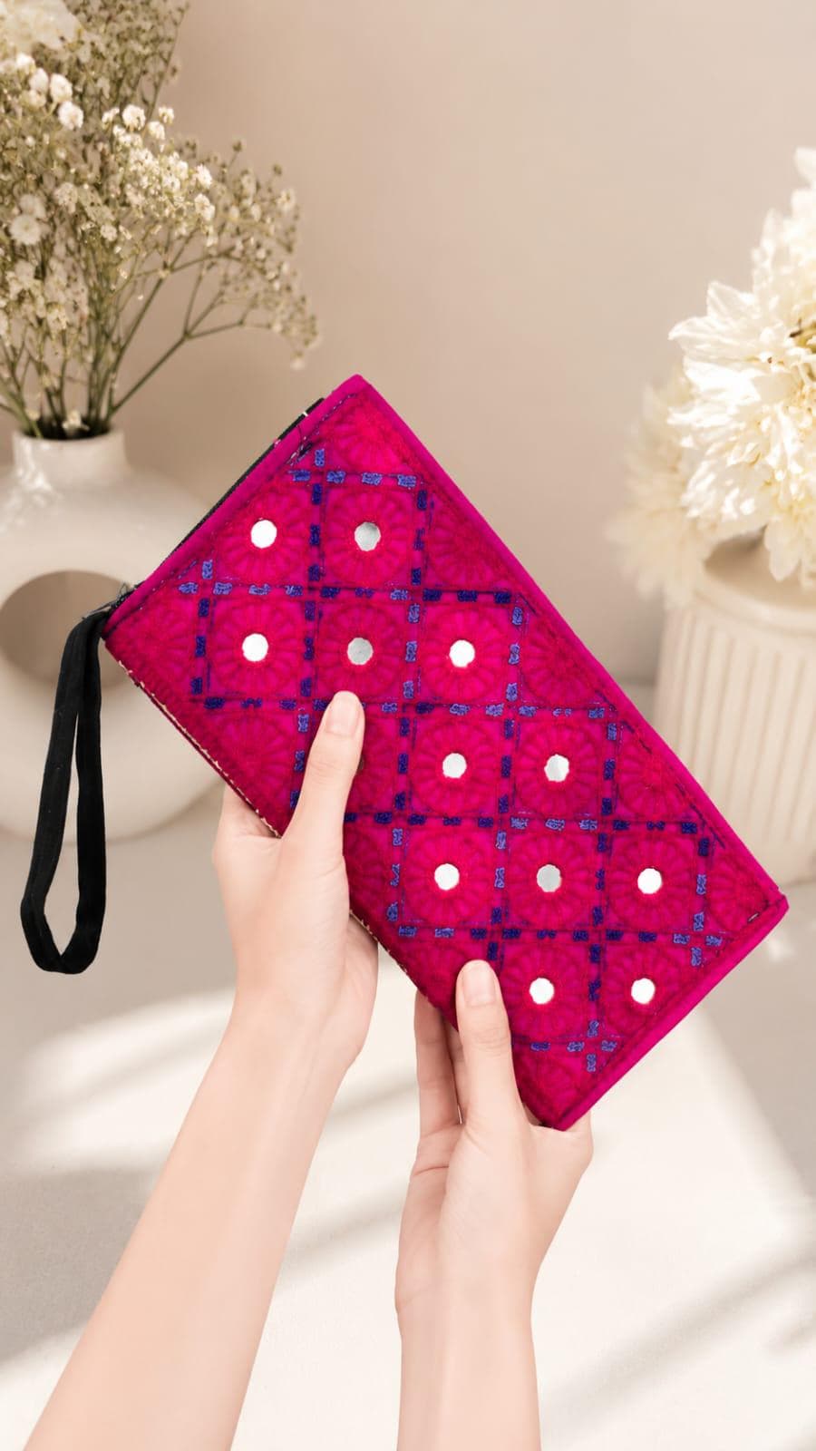 Handmade Sindhi Embroidered Clutch, Pink Ethnic Wristlet, Boho Evening Bag - image 5