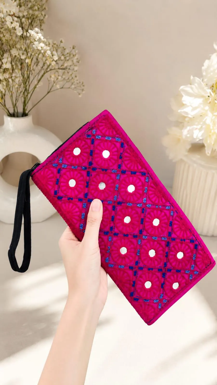 Handmade Sindhi Embroidered Clutch, Pink Ethnic Wristlet, Boho Evening Bag