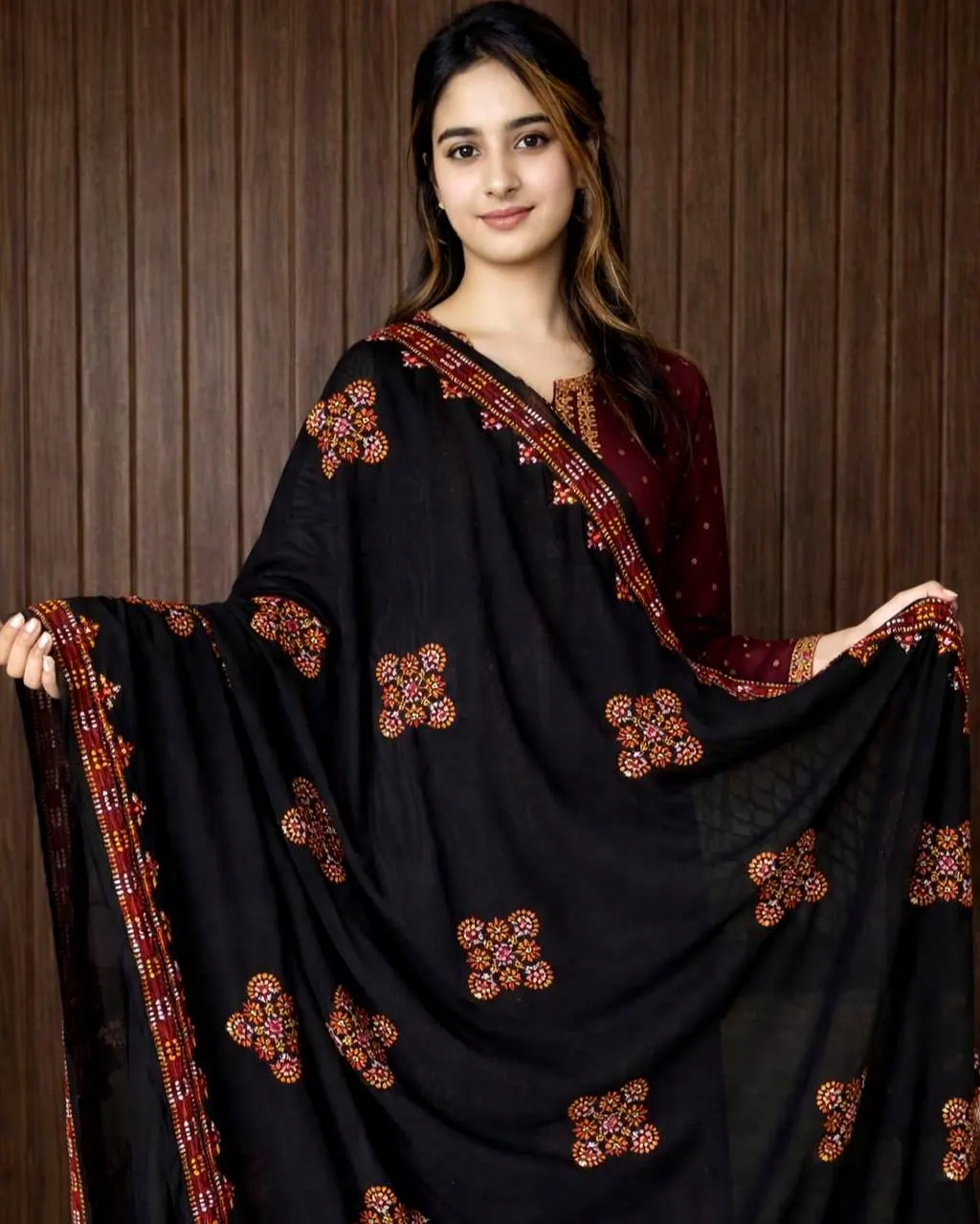 Hand Embroidered Balochi Chadar | Traditional Pakistani Georgette Shawl with Mirror Work