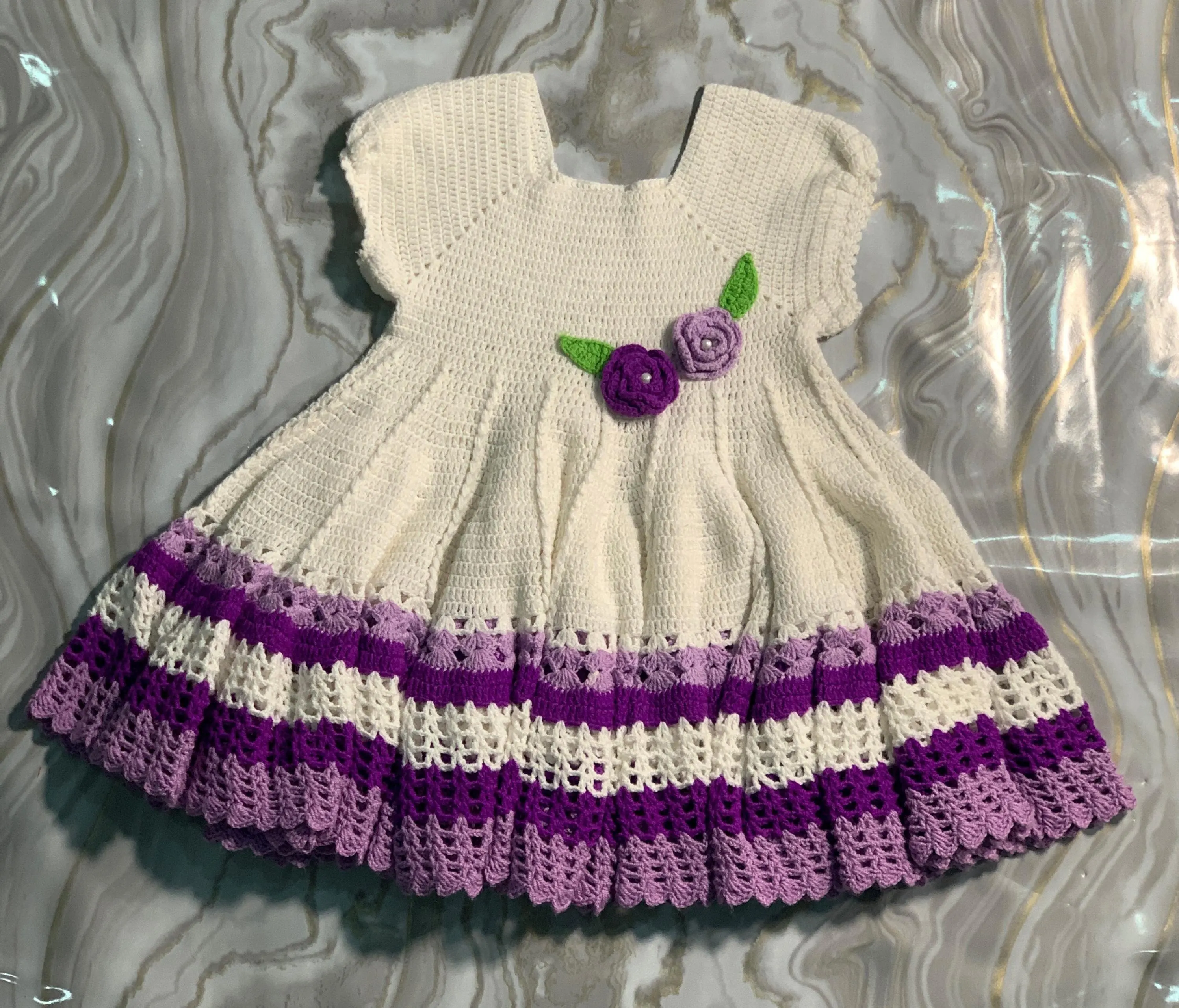 Handmade Crochet Baby Dress Set | White & Lavender Frock with Cap - image 4